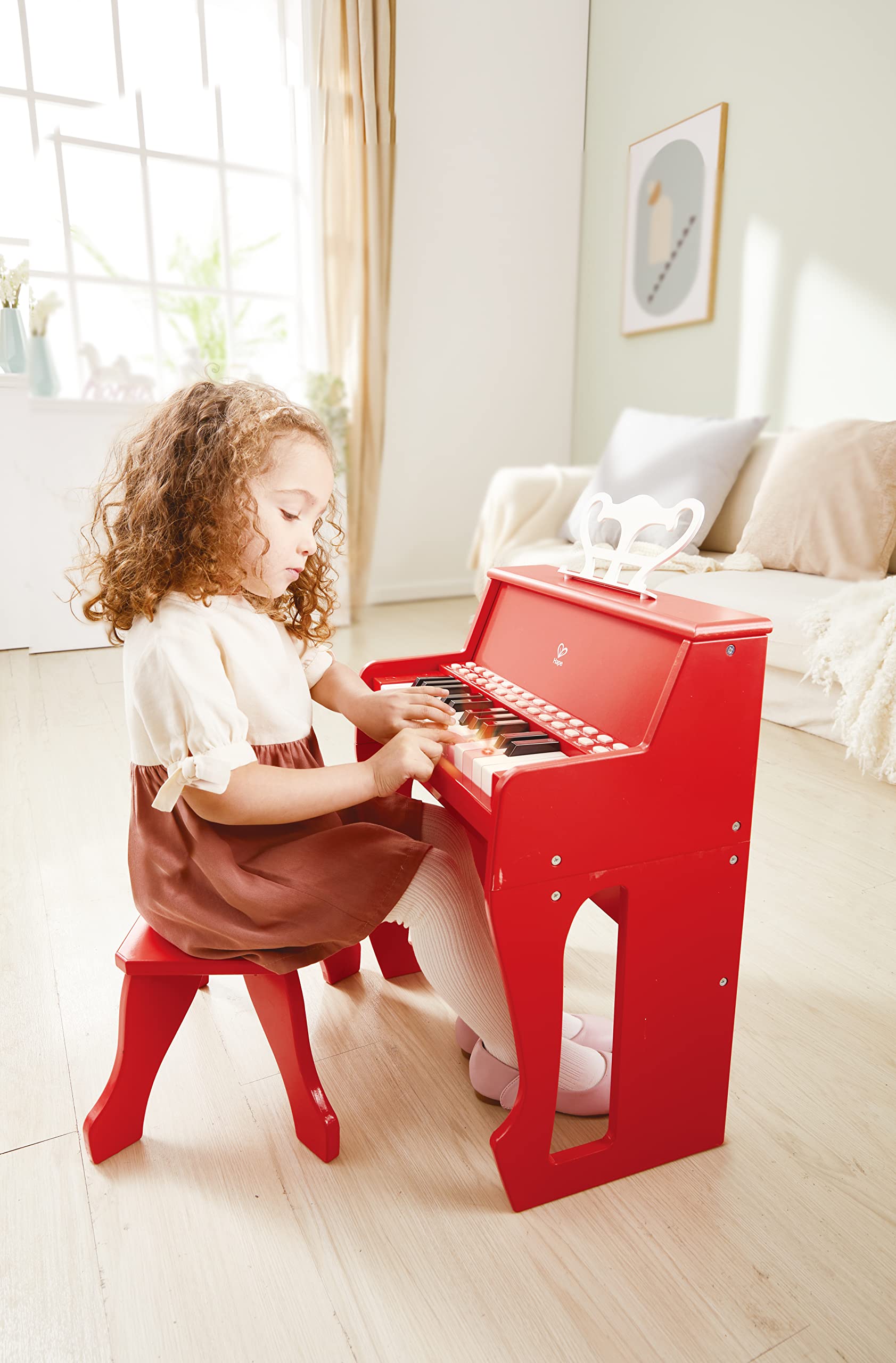 Hape Learn with Lights Red Piano with Stool - Interactive Musical Toy for Kids, Toddler Educational Keyboard with Light-Up Keys & Adjustable Bench - Perfect for Early Childhood Music Learning & Playroom Fun