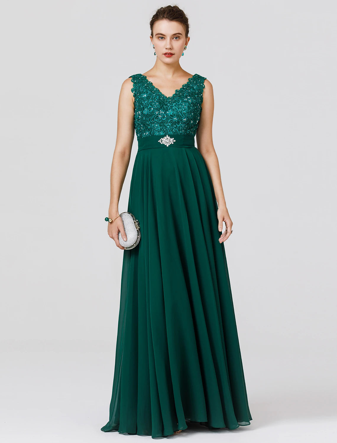 Elegant A-Line Chiffon Wedding Guest Dress - Floor Length, Sleeveless V-Neck with V-Back, Beaded Sash Ribbon | Perfect for Formal Events, Bridal Showers, and Evening Parties