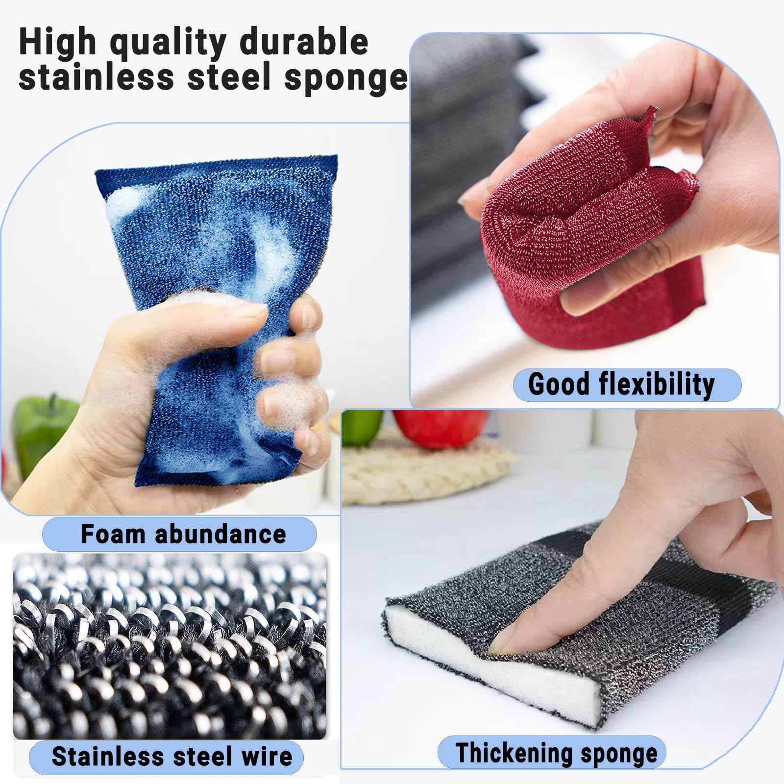 Premium Steel Wool Sponges for Kitchen Cleaning - 6 Pack Non-Scratch Microfiber Scrub Pads for Pots, Pans & Dishes | Heavy Duty Dish Sponges for Stubborn Stains & Grease Removal | Perfect for Daily Kitchen Cleaning & Cookware Maintenance