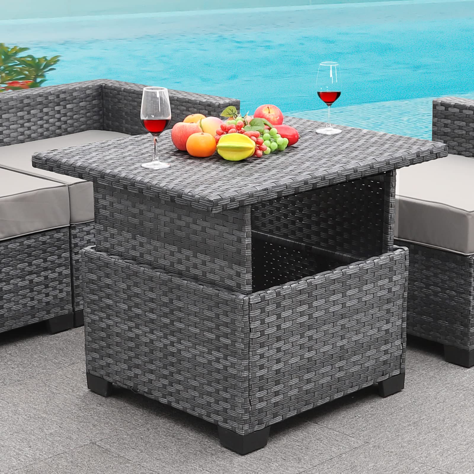 Rattan Coffee Table with Hidden Storage - Lift-Top Wicker Patio Table - Outdoor Dining & Living Room Furniture - Grey - Perfect for Backyard, Garden, and Balcony Use