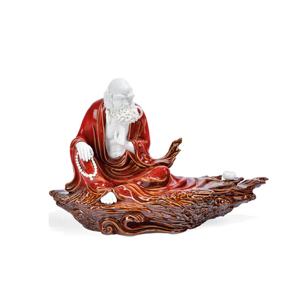 Bodhidharma Statue - Zen Meditation Decor, Ceramic Incense Stick Holder for Meditation Halls & Home Altars - Red Buddhist Decor for Spiritual Practice & Mindful Spaces