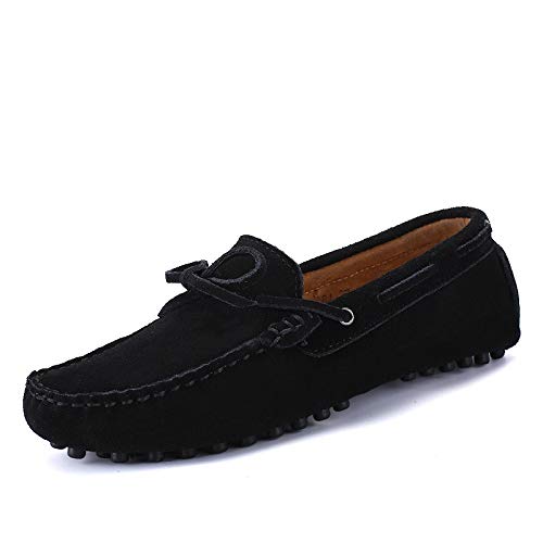 Men's Suede Smoking Loafer Shoes - Round Toe, Stitching Details, Comfortable Slip-On Deck Shoes with Flat Heel for Walking - Black Size 7 | Perfect for Casual Wear, Office & Travel