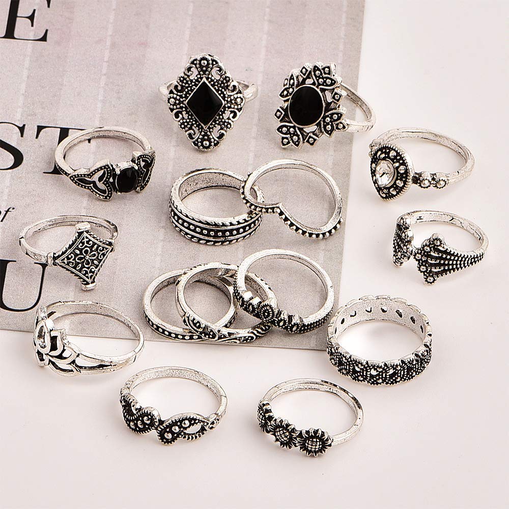 YouBella 15-Piece Boho Silver Plated Rings Set for Women | Oxidized Jewelry Gift Set | Trendy Stackable Rings for Everyday Wear, Parties & Special Occasions (YBRG_20111A)