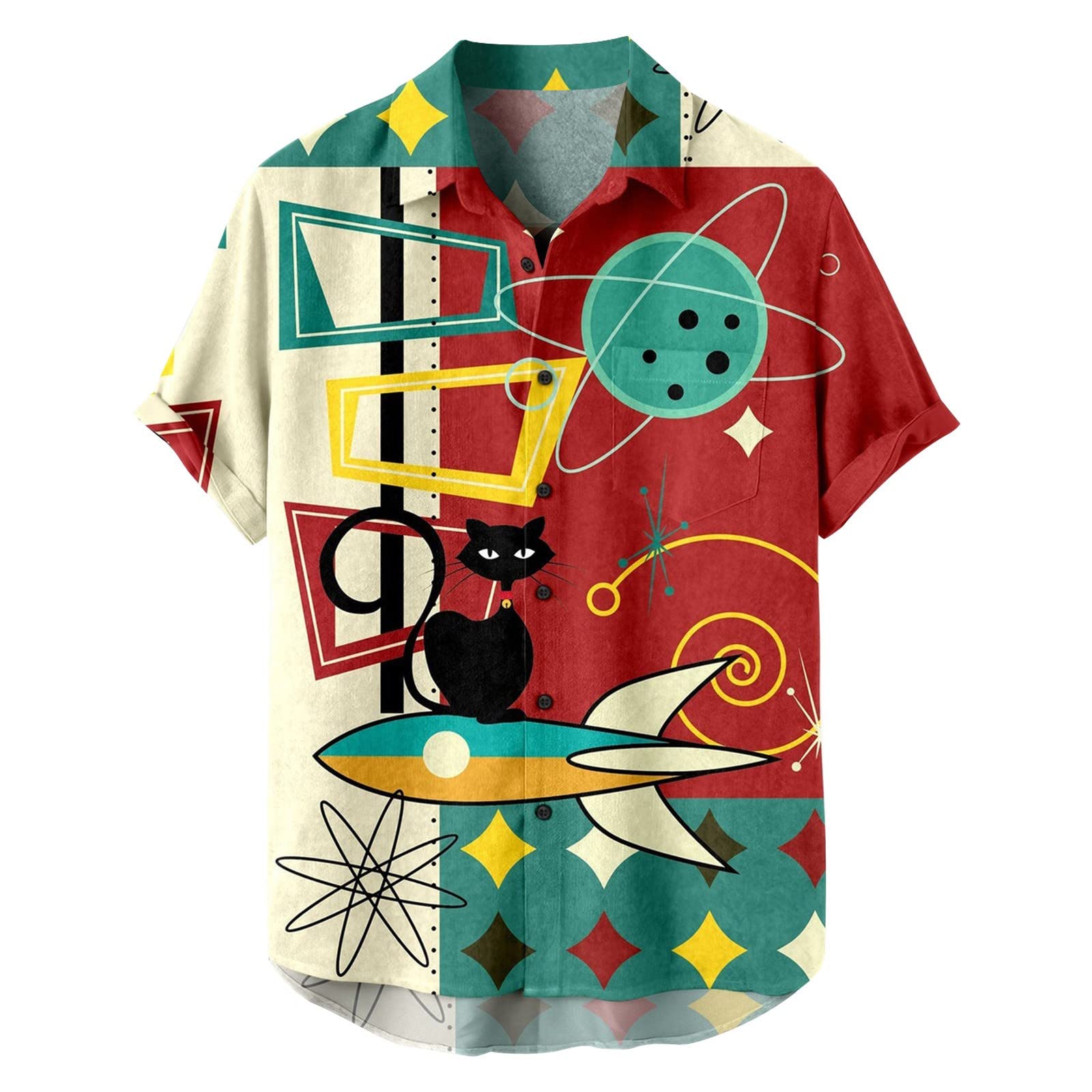 Funny Cat Printed Button Down Shirt for Men - Casual Spread Collar Color Block Short Sleeve Work Tops | Perfect for Office, Parties & Everyday Wear