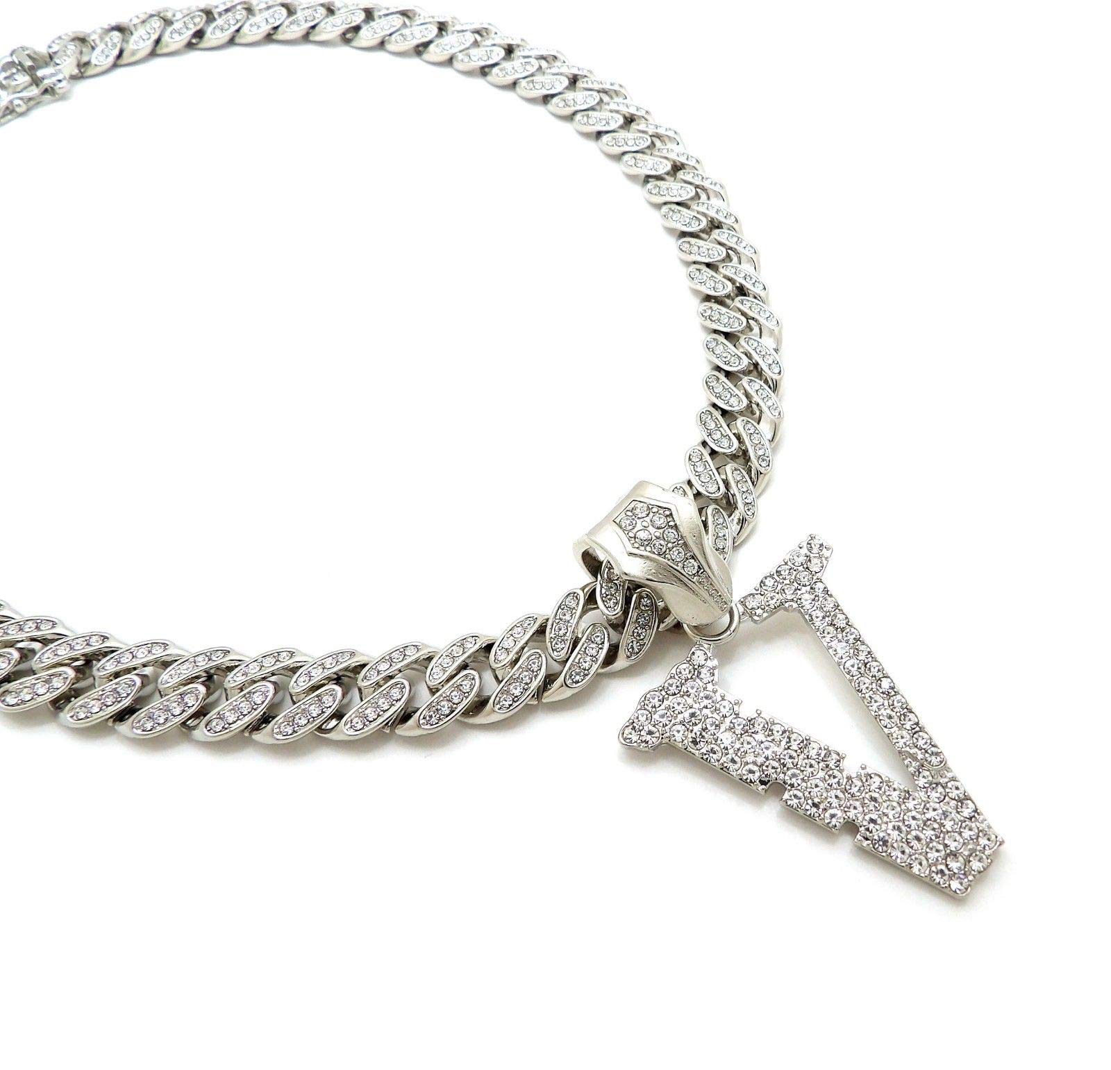 Hip Hop White Gold PT V Pendant & 18