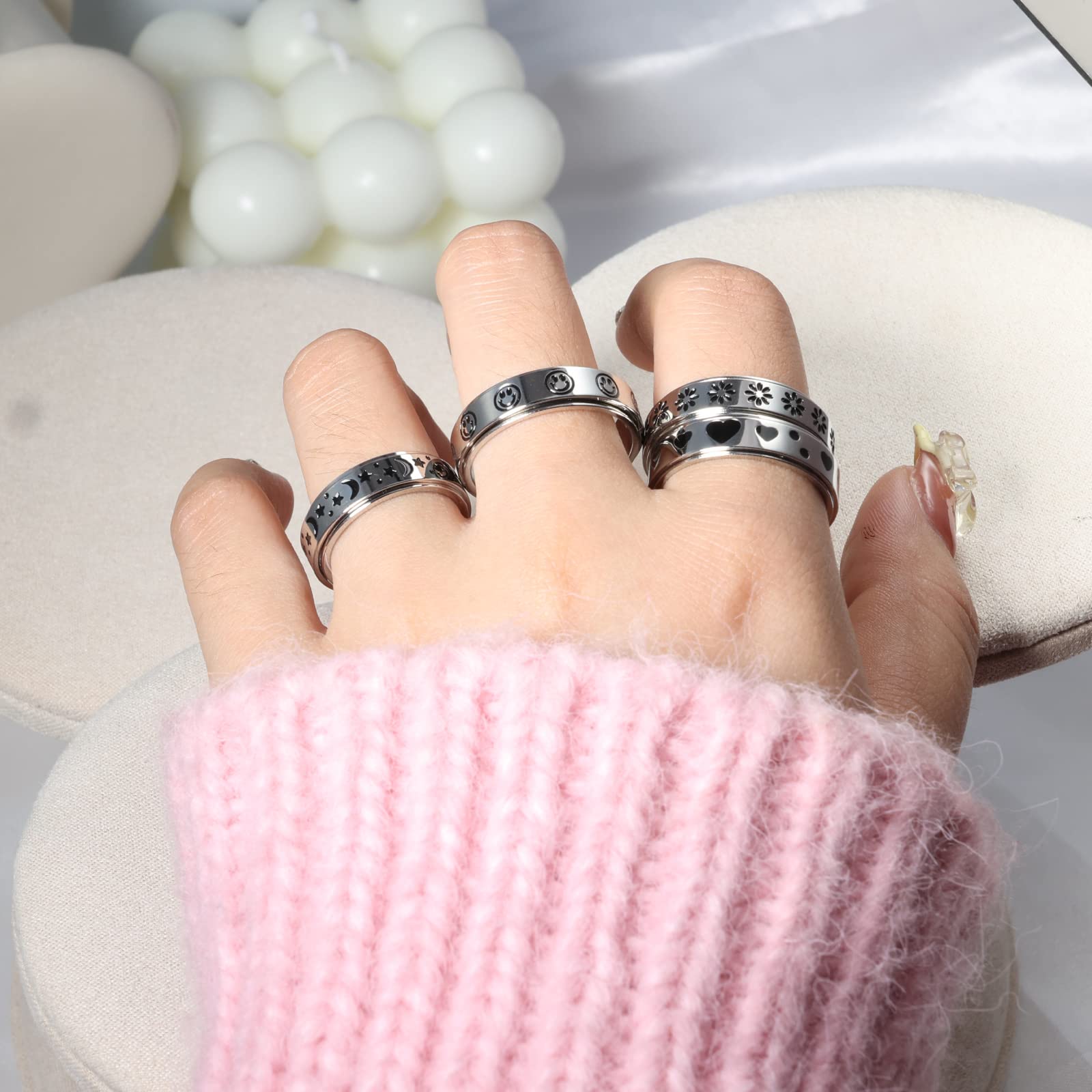 Anxiety Spinner Ring for Women & Men - 6mm Moon Star Design for Stress Relief - Size 6-10