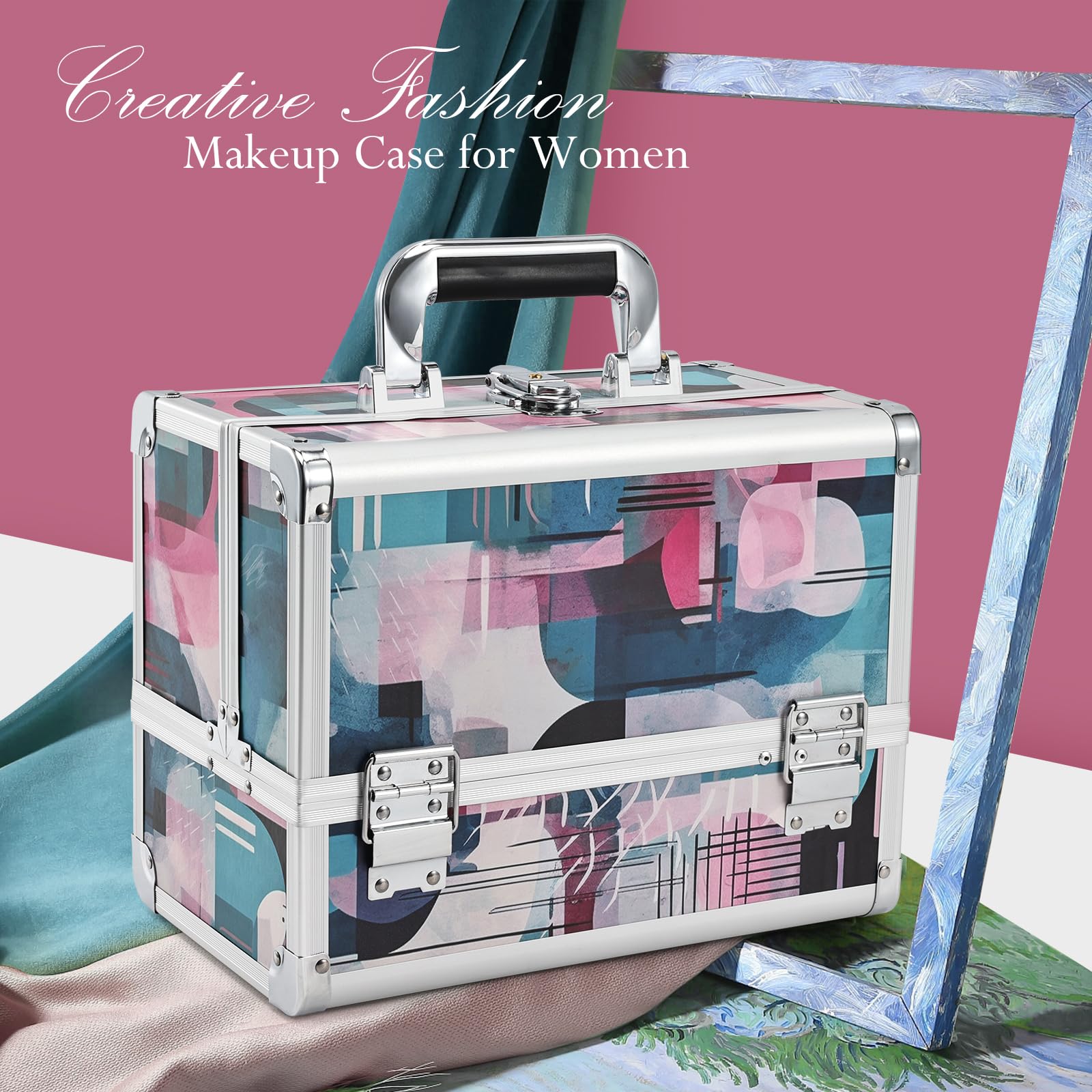 Professional 11.6 Inch Extra Large Makeup Train Case - 3-Tier Cosmetic Organizer with Mirror, Brush Holder & Lockable Keys - Modern Aquarelle Design for Travel, Salon & Professional Makeup Artists