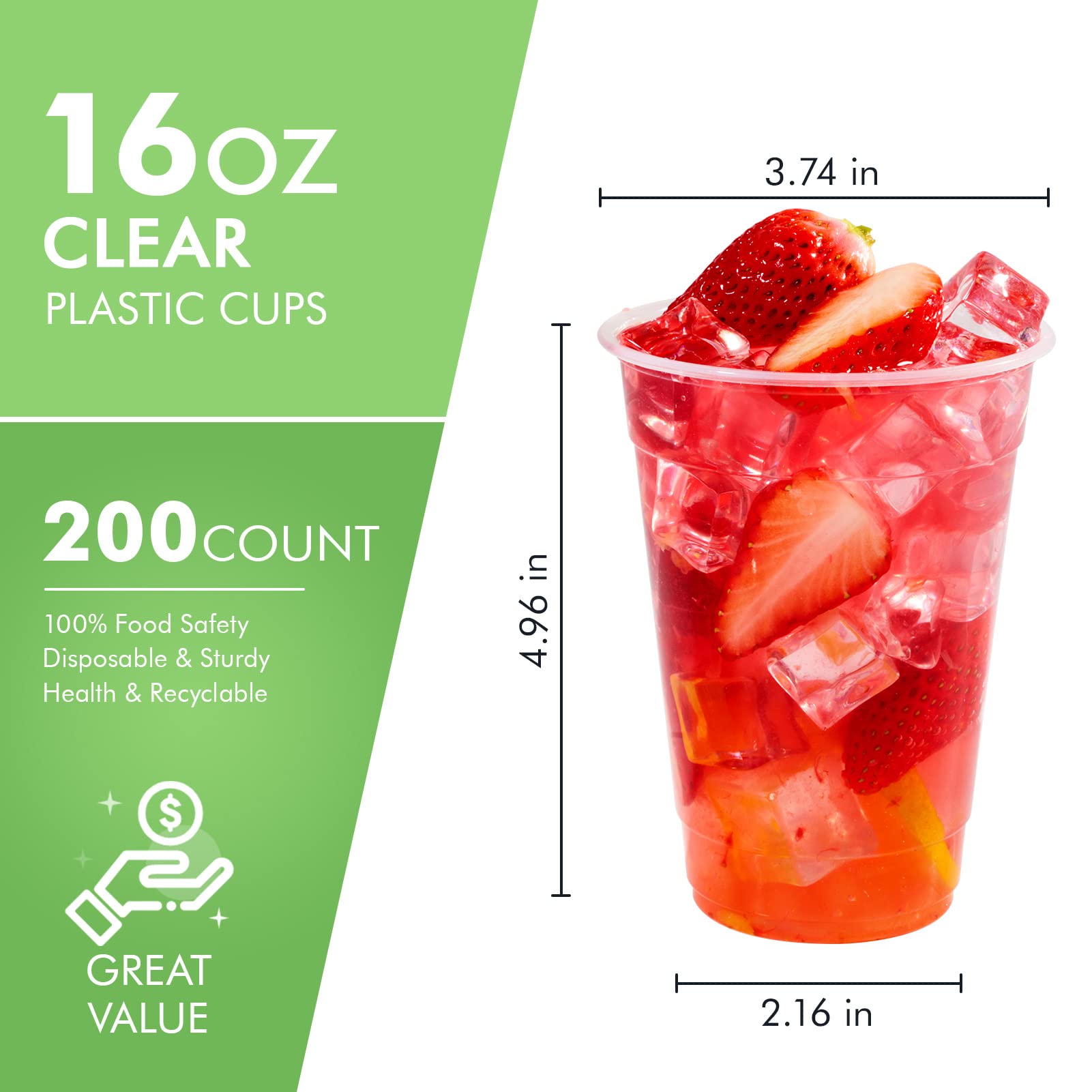 FOCUSLINE 200 Pack 16 oz Clear Plastic Disposable Cups - Bulk Drinking Cups for Water, Juice, Soda, Iced Coffee - Perfect for Parties, Picnics, BBQs, and Office Events