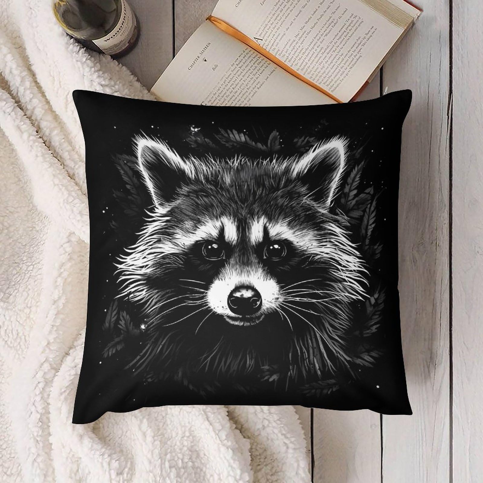 Soft Black Plush Raccoon Portrait Pillow Covers - Set of 4 (12x12 Inches) for Sofa, Bed & Home Decor | Cozy Cushion Cases for Living Room, Nursery & Gifts