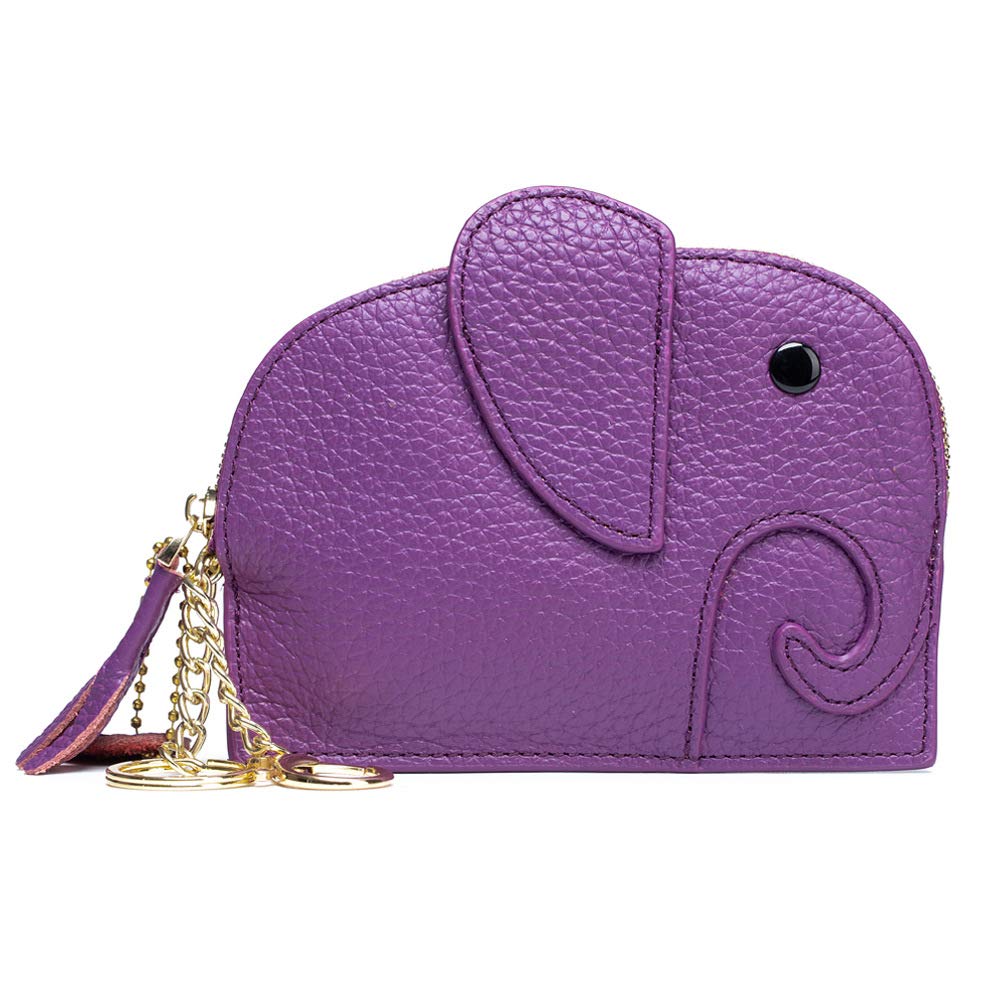 Genuine Leather Mini Wallet - Cute Cartoon Elephant Card Holder & Coin Pocket for Women with Key Ring Organizer (Purple) | Compact Purse for Everyday Use, Travel & Gift Giving