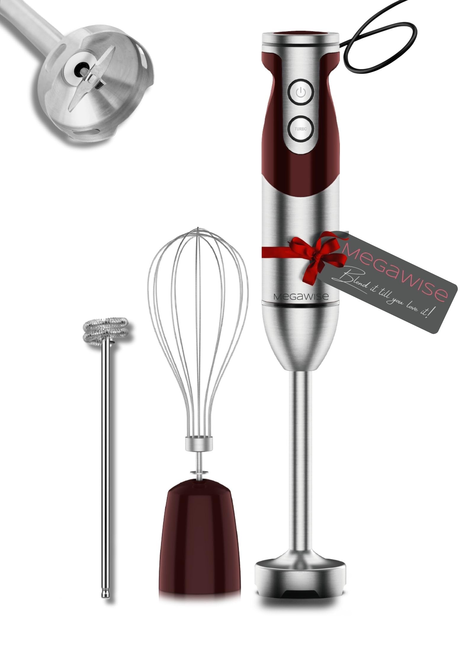 MegaWise Pro Titanium Reinforced 3-in-1 Immersion Hand Blender - 800W Powerful Motor, 12-Speed Control, Ultra Sharp Blades - Includes Whisk & Milk Frother (Red) - Perfect for Smoothies, Soups, Sauces & Baking