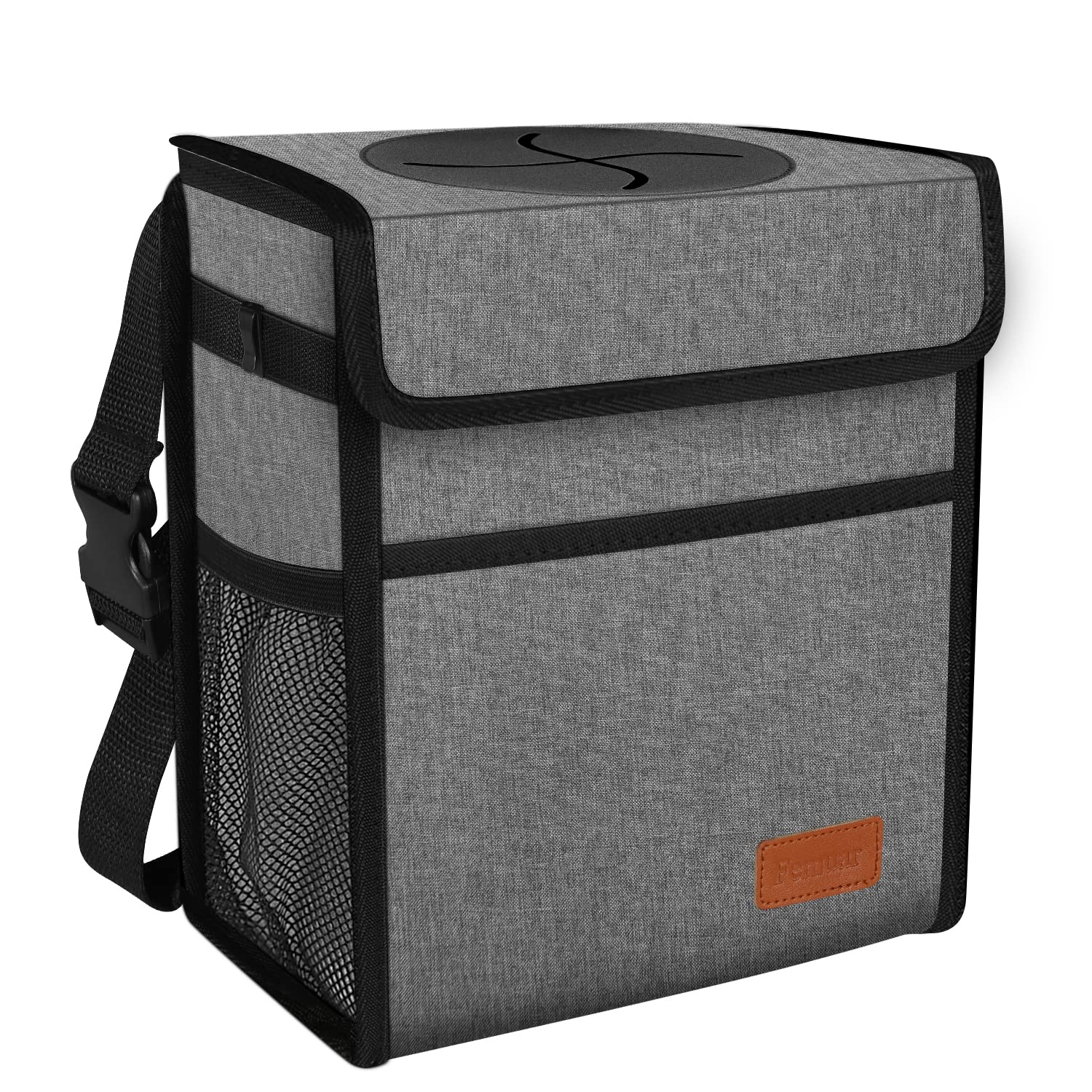 Femuar Leak Proof Waterproof Car Trash Can with Lid - Collapsible Hanging Garbage Bag for SUV Front Seat, Portable Car Trash Organizer with Storage Mesh Pocket, Grey - Ideal for Road Trips, Commuting, and Family Travel