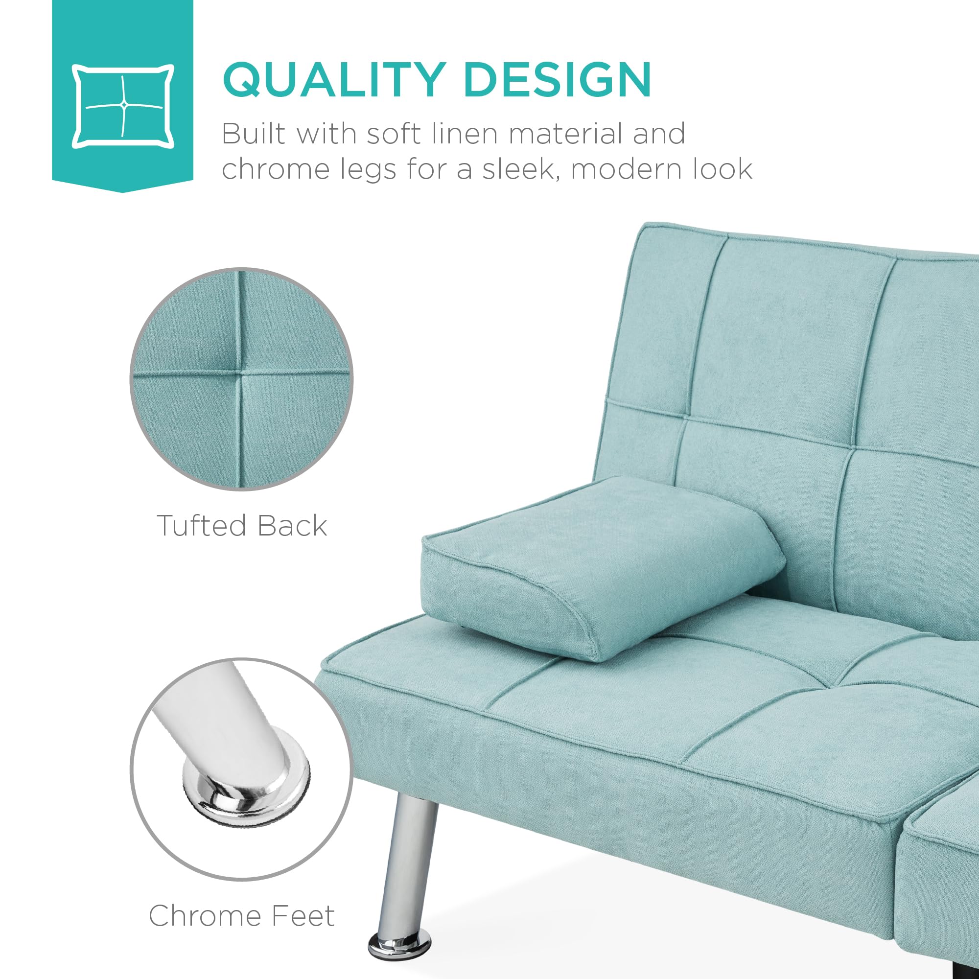 Best Choice Products Modern Folding Futon Sofa Bed - Convertible Linen Recliner with Removable Armrests & 2 Cup Holders - Space Saving Sleeper for Small Apartments, Dorms, Guest Rooms - Aqua Blue