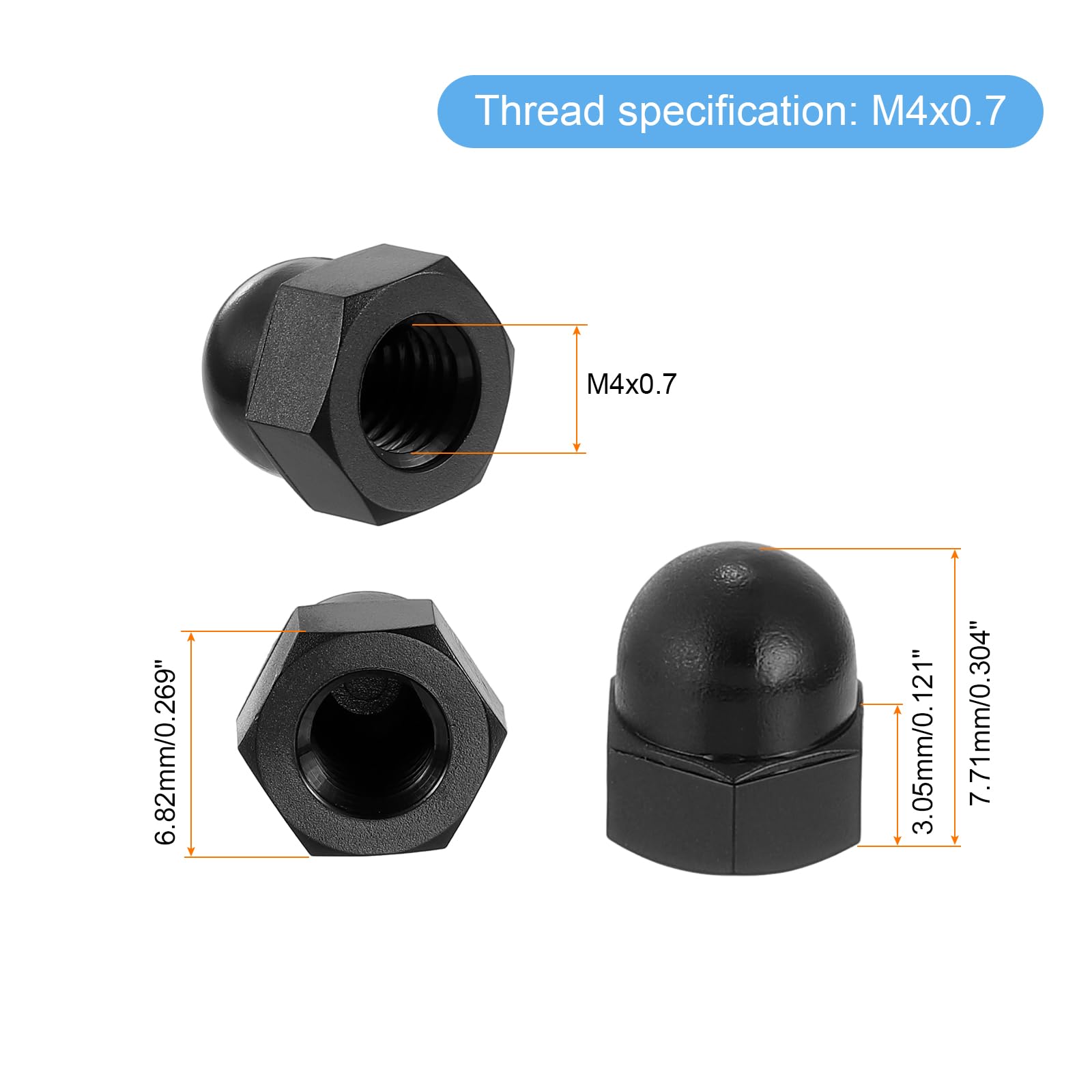 uxcell 25Pcs M4x0.7 Black Nylon Acorn Cap Nuts - Dome Head Cover Nuts for Bolt Protection | Ideal for DIY Projects, Furniture Assembly & Automotive Repairs