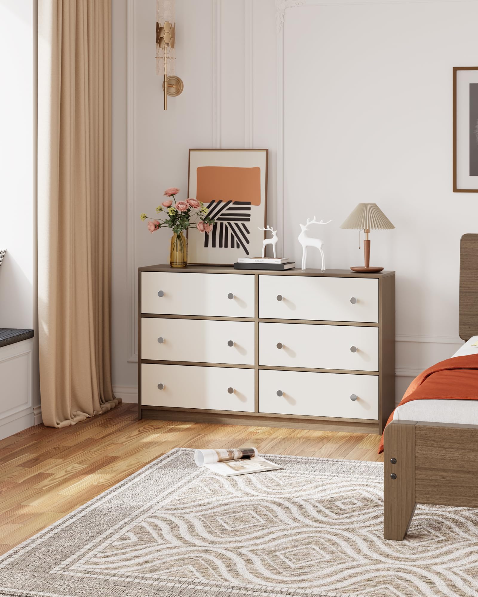 Nicehill 6-Drawer Fabric Dresser for Bedroom - Wooden Storage Tower Organizer with Light Wood Grain & White Finish | Perfect for Closet, Hallway, Living Room & Home Organization