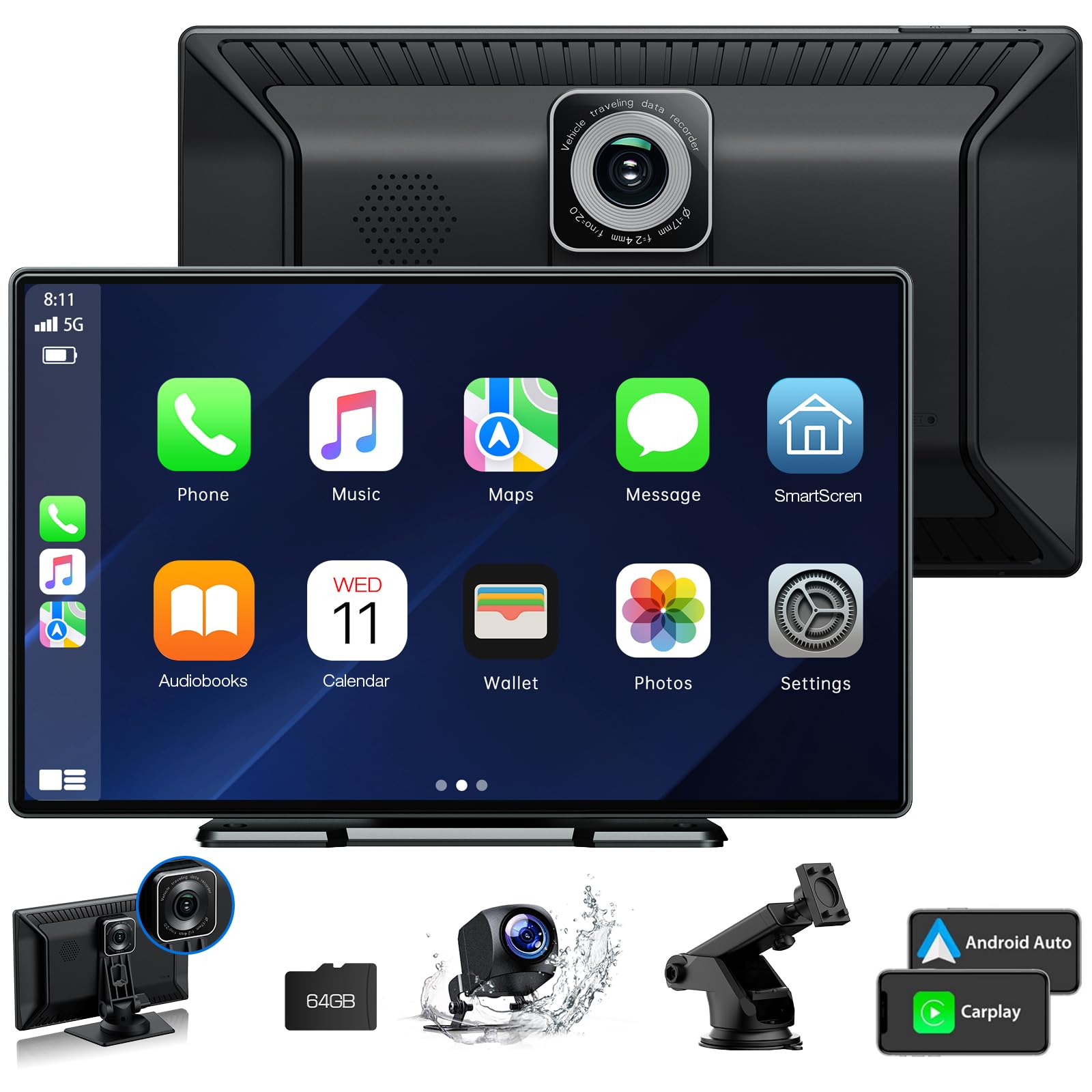 LAMTTO 9 Inch Wireless Car Stereo with Apple CarPlay & Android Auto - 2.5K Dash Cam, 1080P Backup Camera, Bluetooth, GPS Navigation, Touch Screen, Mirror Link, AUX/FM - Perfect for Road Trips & Daily Commuting