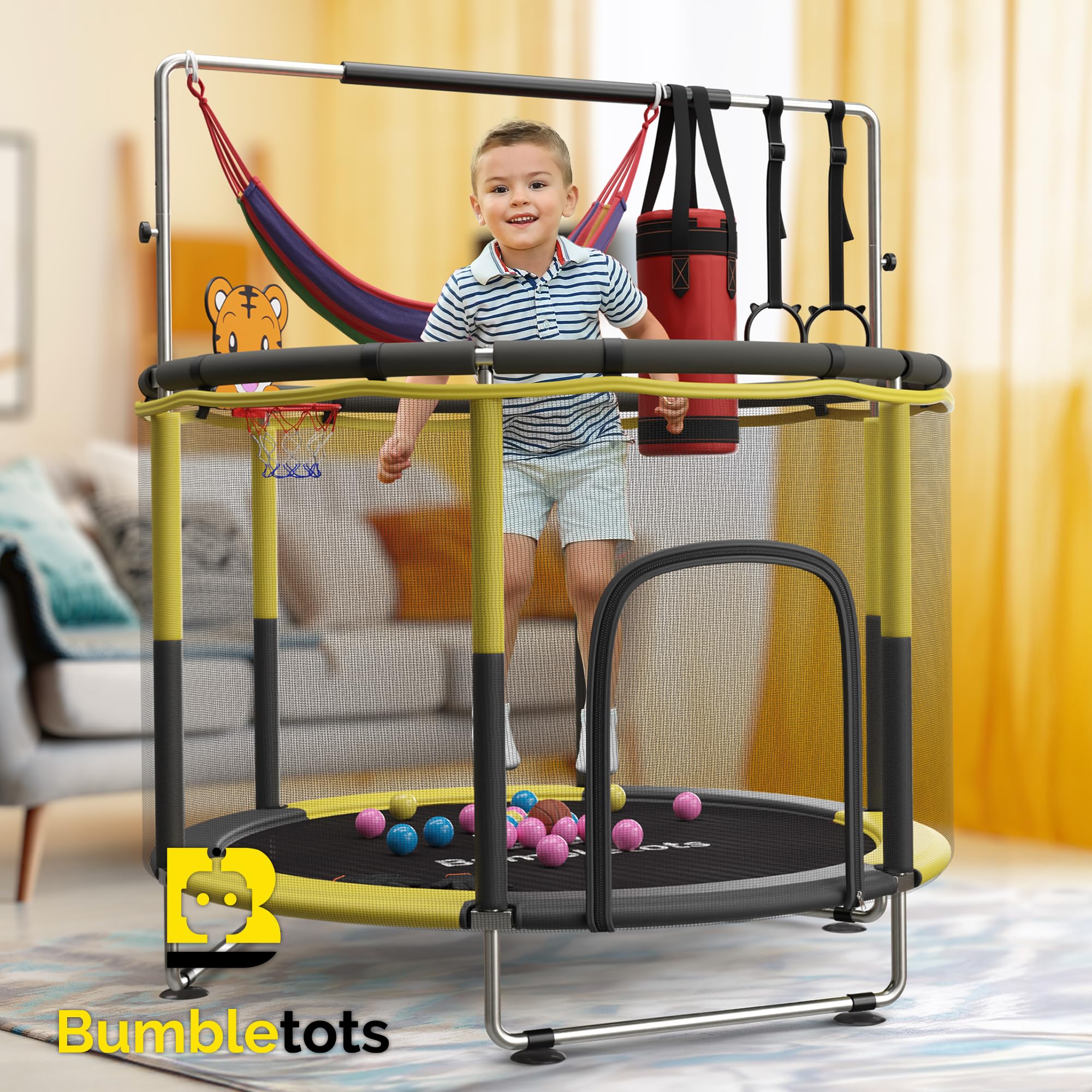Best 5ft Toddler Trampoline for Kids Ages 3-8 - Indoor/Outdoor Jumping Toy with Safety Net, Basketball Hoop & Accessories - Perfect for Backyard, Playroom & Garden Fun