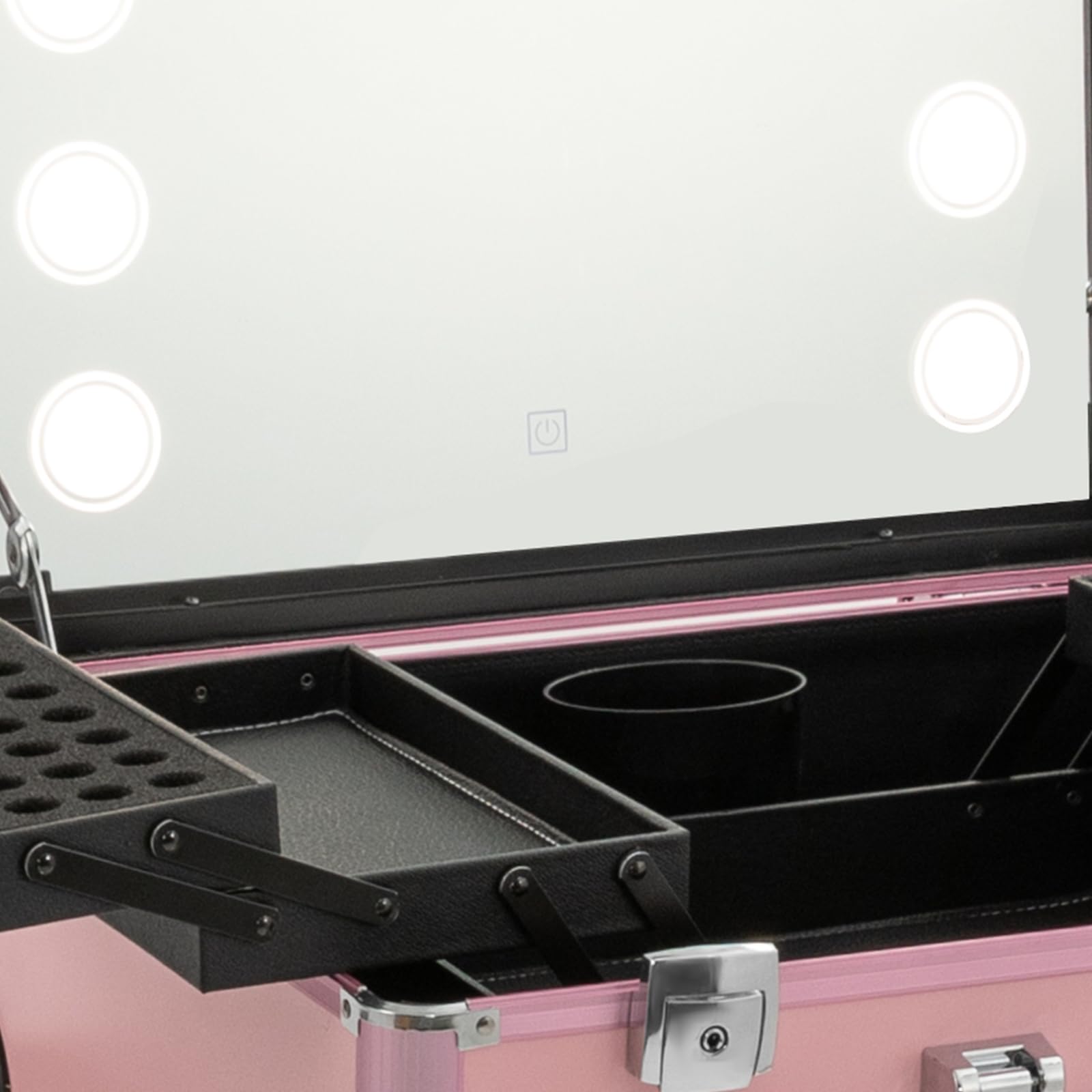 Pink Aluminum Rolling Makeup Train Case with LED Lights & Adjustable Legs - Lockable Portable Cosmetic Organizer for Travel, Professional Artists & Home Vanity - 4 Removable Wheels for Easy Mobility