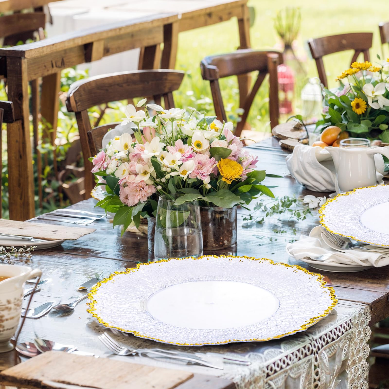 20-Pack Clear & Gold 13-Inch Disposable Plastic Charger Plates - Elegant Tableware for Wedding Receptions, Dinner Parties, and Family Gatherings - Perfect for Formal Events, Holiday Celebrations, and Special Occasions