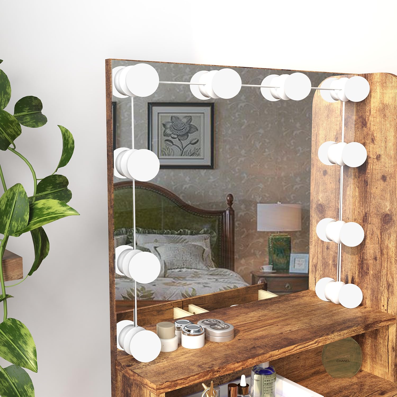 Lighted Vanity Table with Mirror, 3-Drawer Makeup Desk & Dressing Table with Storage, Vanity Set with Wide Cushioned Stool for Bedroom - Perfect for Makeup Application, Hair Styling & Home Decor (Brown)