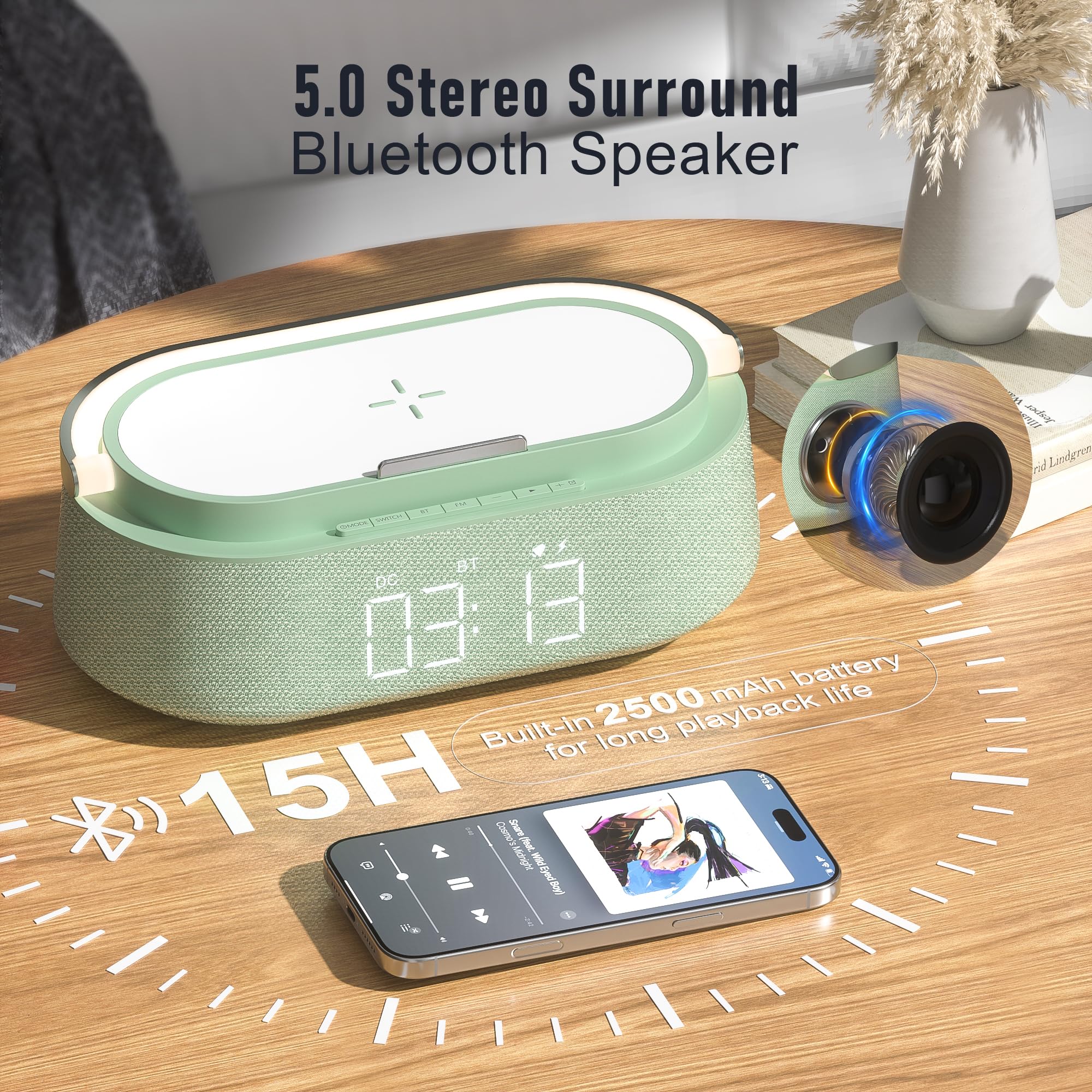 Portable Bluetooth Speaker with Fast Wireless Charger, FM Radio, Touch LED Night Light & Phone Holder - Perfect for Bedroom, Office, Home Use & Gift Giving | Enjoy Music, Charging & Ambient Lighting Anywhere