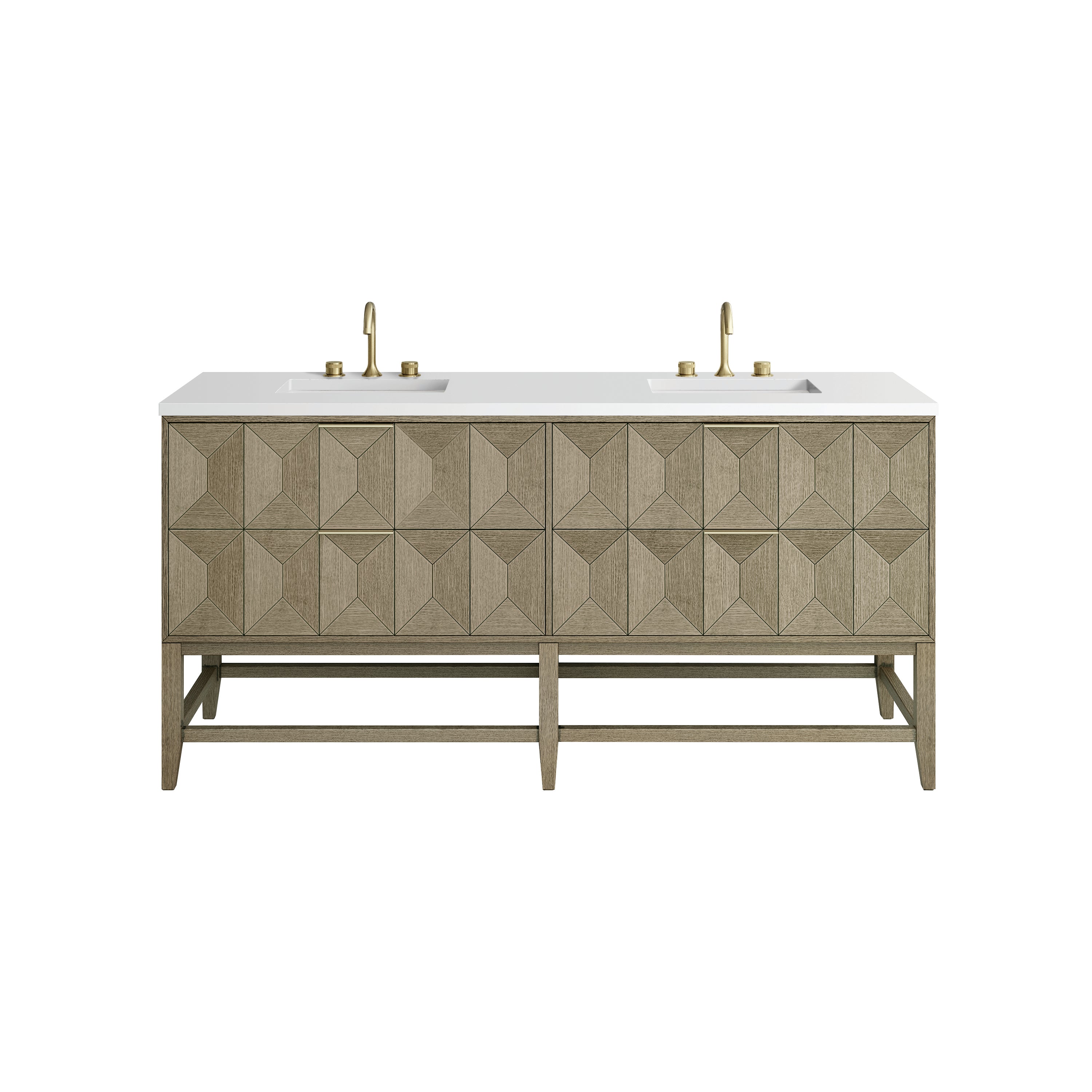 Emmeline 72 Inch Double Bathroom Vanity with Pebble Oak Finish & 3CM White Zeus Quartz Top - Perfect for Master Bathroom, Guest Bath or Powder Room Renovation