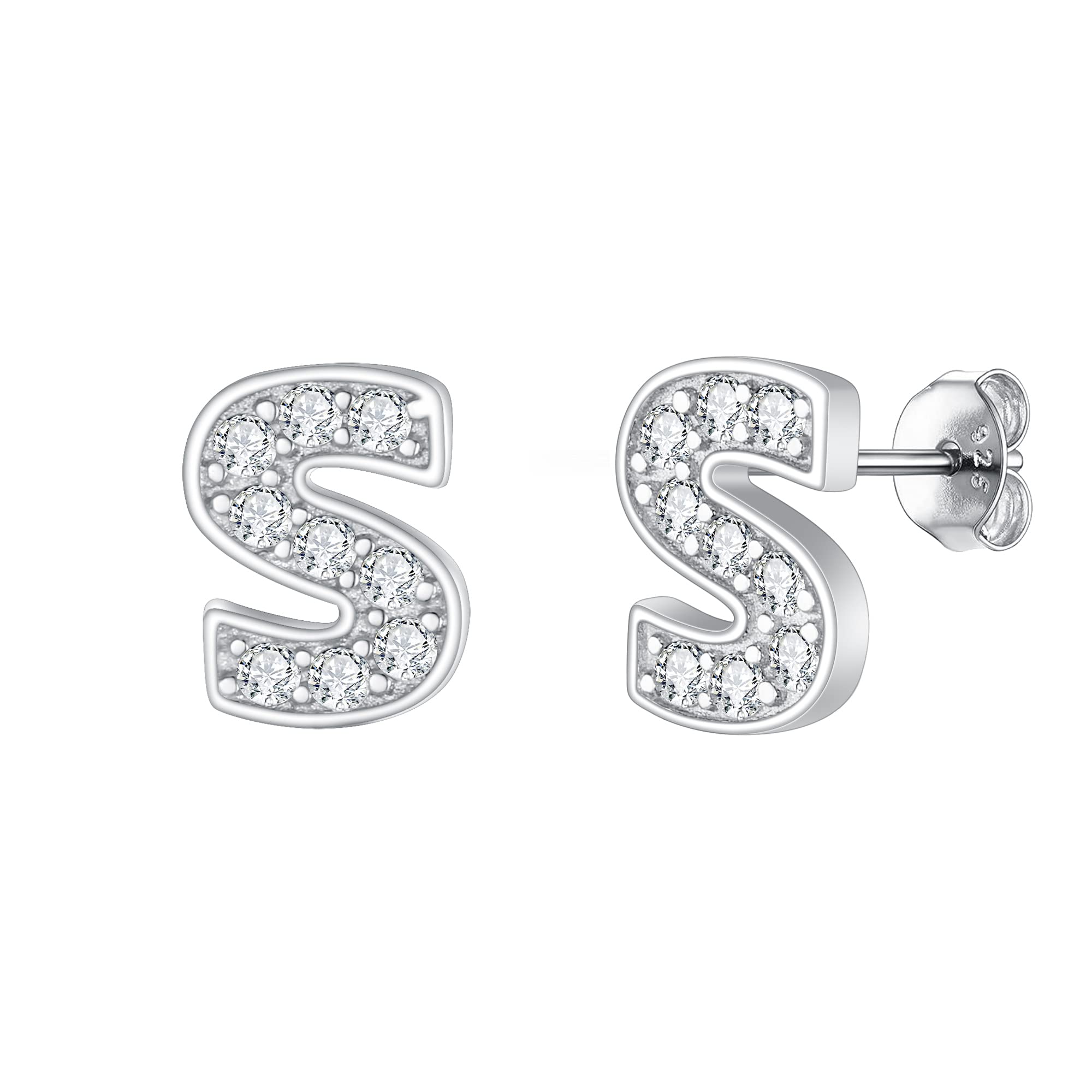 EVER FAITH Initial Earrings - 925 Sterling Silver Tiny Alphabet Letter Stud Earrings with White Cubic Zirconia for Women | Hypoallergenic Jewelry for Sensitive Ears | Perfect Gift for Birthday, Anniversary & Everyday Wear