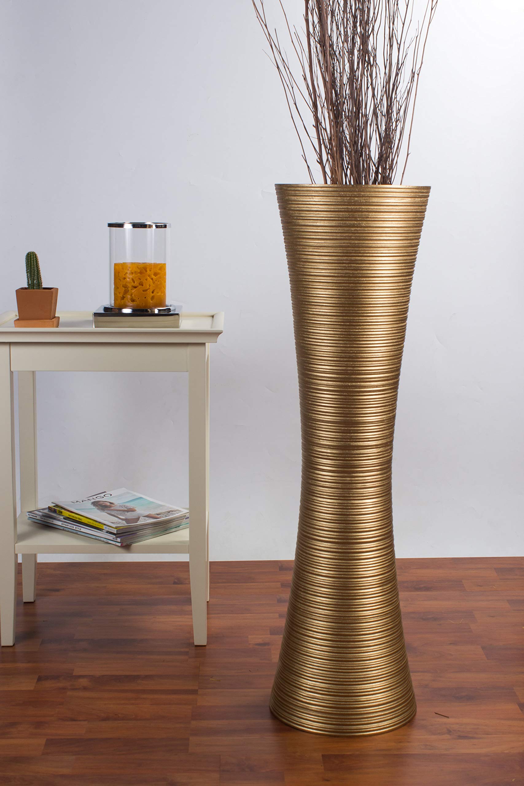Leewadee 36 Inch Large Gold Floor Vase - Wooden Tall Farmhouse Decor for Flowers, Fake Plants & Pampas Grass - Perfect for Living Room, Entryway & Wedding Decor
