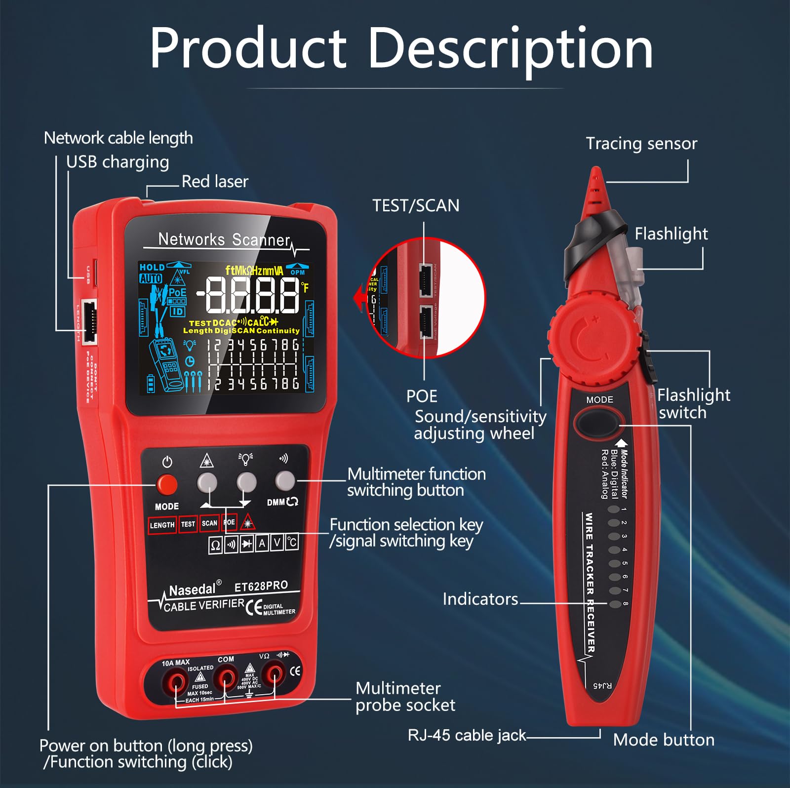 Professional 3-in-1 Network Cable Tester - Ethernet Tester, Wire Tracker & Tone Generator for RJ45/RJ11/BNC (CAT5/CAT6/CAT7/CAT8) with PoE Test, Cable Length Measurement & Port Flash - Includes 3 Remote Testers - Perfect for IT Professionals, Network Installations & Home Office Setup