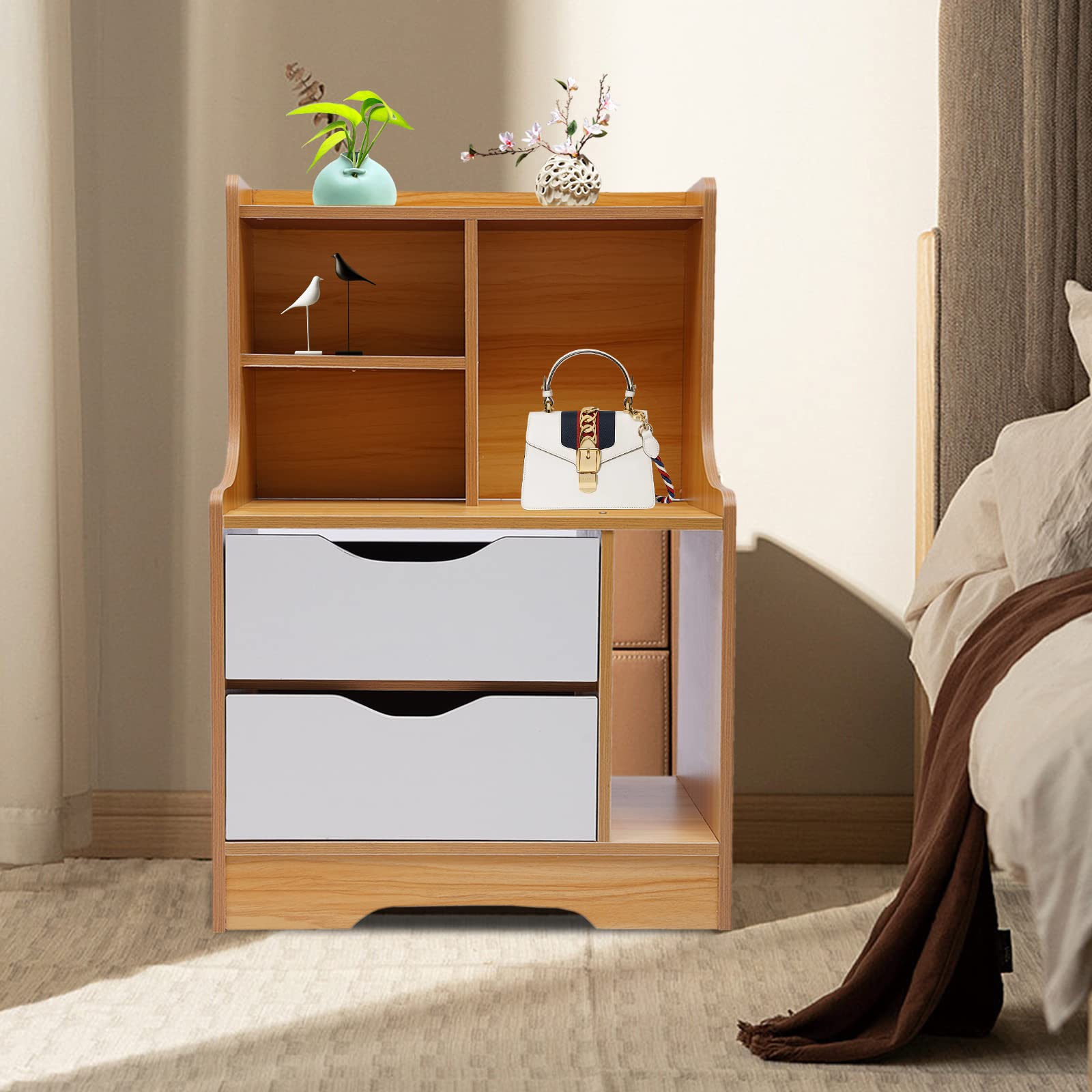 Modern Nightstand with 2 Drawers & Open Shelf - Bedside Table with Storage for Bedroom, Living Room, Office - Perfect as End Table, Side Table or Salon Furniture