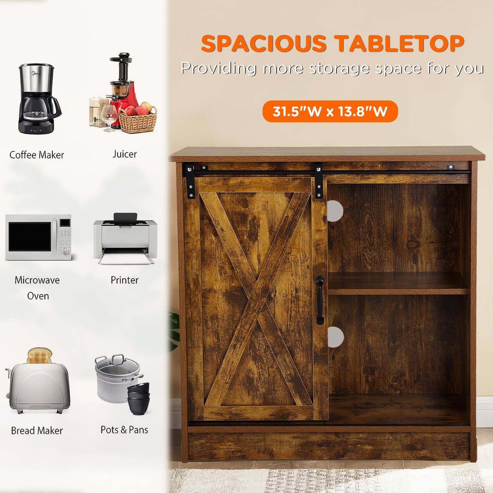 Rustic Brown Coffee Bar Cabinet with Storage - Farmhouse Style Coffee Bar Table with Sliding Barn Door & Adjustable Shelves - Perfect for Kitchen, Dining Room or Living Room Coffee Station Setup