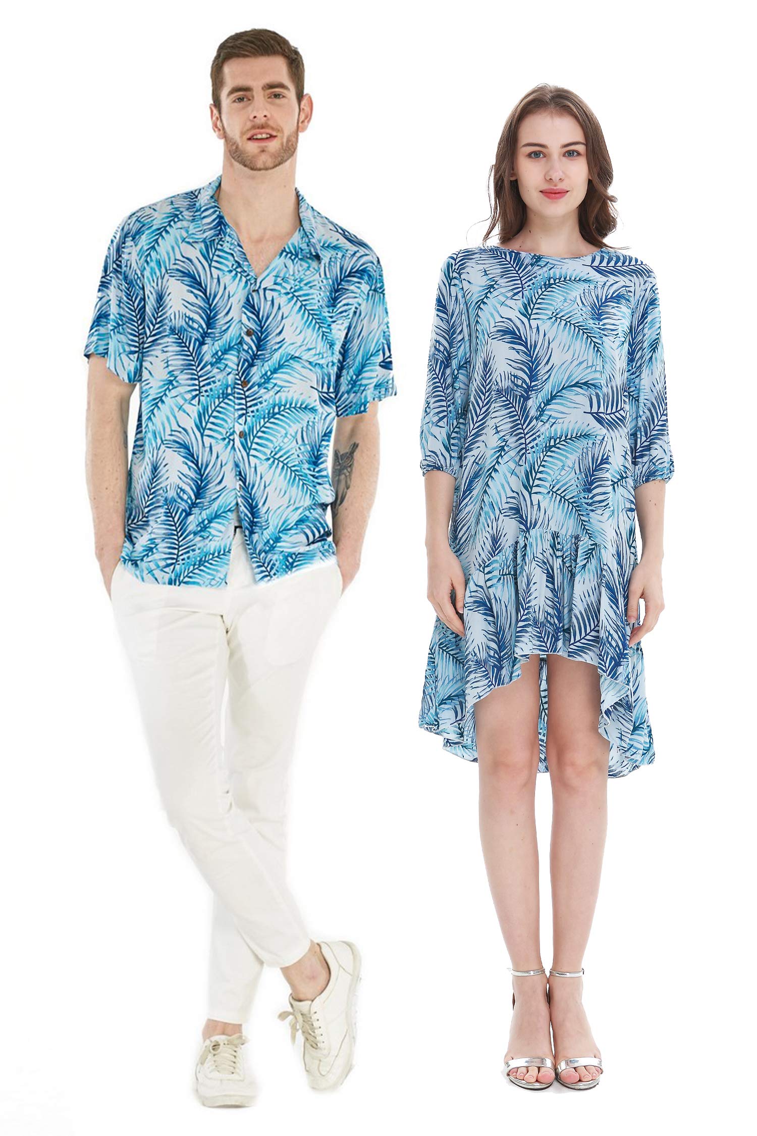 Stylish Couple Matching Hawaiian Luau Shirt & 3/4 Sleeve Ruffle Dress Set - Tropical Wispy Cereus Print - Perfect for Beach Vacations, Summer Parties & Romantic Getaways
