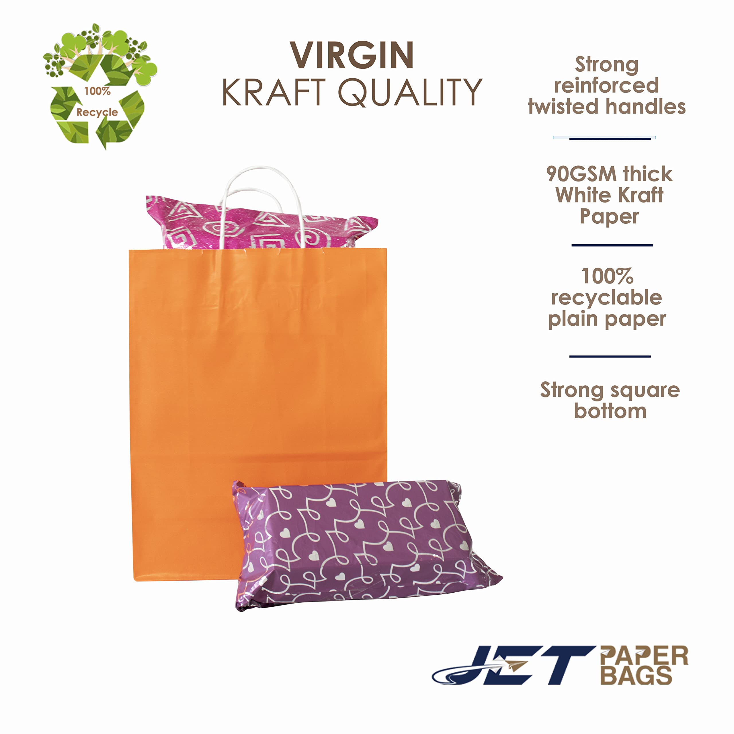 JET PAPER BAGS - 10x5x12 Inch [100 Pcs] Medium Kraft Gift Bags with Handles - Bulk Prime Kraft Paper Bags for Gifts, Grocery, Retail, Party & Weddings - Orange (100 Count) - Perfect for Birthday Presents, Bridal Showers & Holiday Gift Wrapping