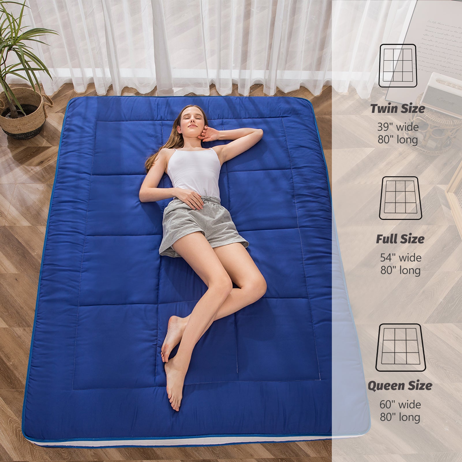 MAXYOYO Extra Thick Japanese Floor Futon Mattress - Royal Blue Foldable Sleeping Pad for Bedroom, Guest Room & Travel | Comfortable Floor Bed for Adults & Kids
