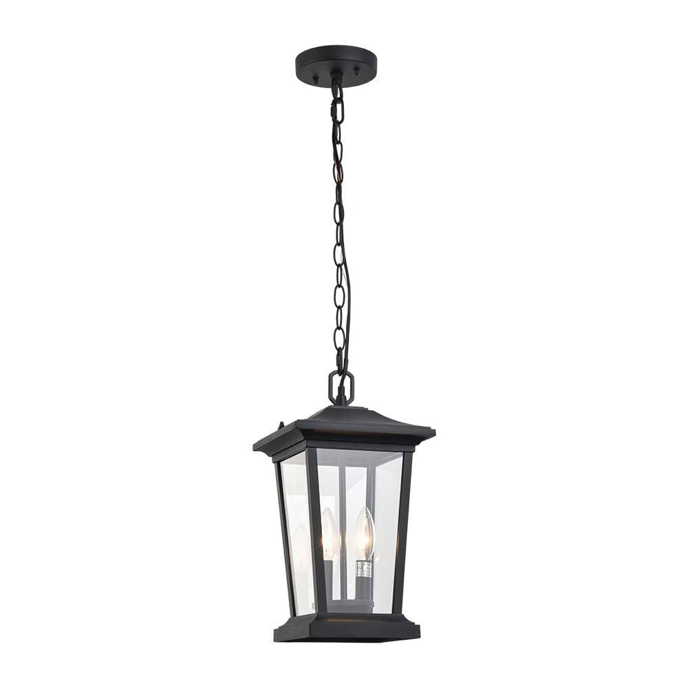 Modern Matte Black Outdoor Pendant Light - 2-Light Exterior Hanging Lantern with Clear Glass for Porch, Patio & Garden Lighting | Weather-Resistant & Stylish Design