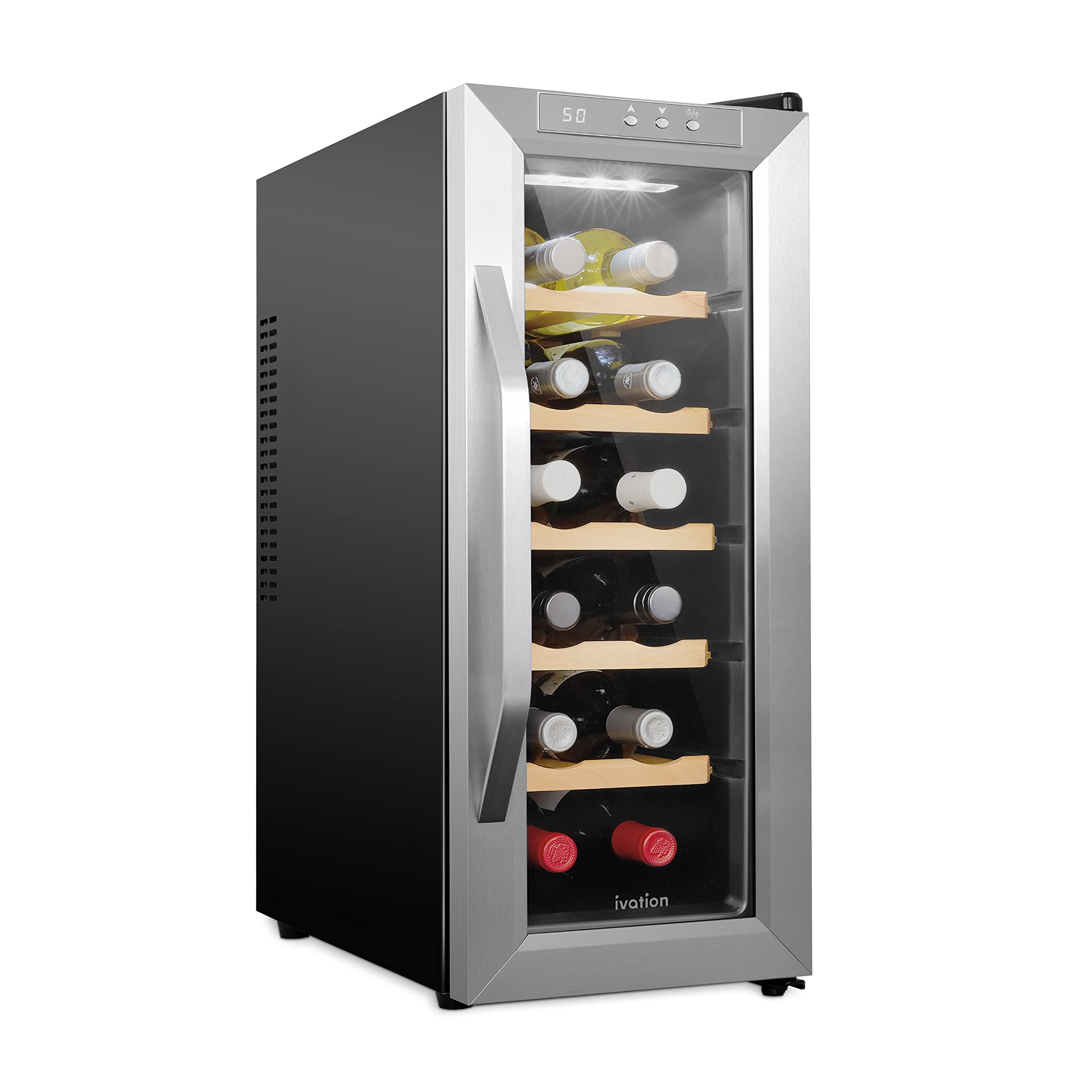 Ivation 12 Bottle Thermoelectric Wine Cooler - Stainless Steel Countertop Wine Fridge with Digital Temperature Control & Smoked Glass Door - Quiet Freestanding Refrigerator for Red & White Wine Storage - Perfect for Home Bars, Kitchens, and Entertaining Spaces