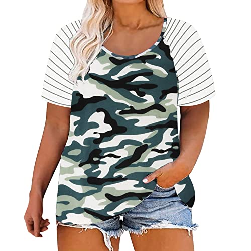 Plus Size Women's Short Sleeve Striped Tunic Tops - 4XL Camouflage Summer Tops for Women | Comfortable & Stylish Tops to Wear with Leggings for Casual Outings, Work or Vacation