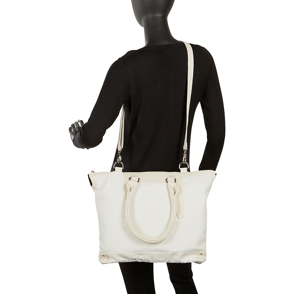 Premium Sharo Leather & Canvas Tote Bag - Large Women's Handbag in White/Beige Two-Tone | Stylish Work, Travel & Everyday Carry-all Purse for Professionals & Students