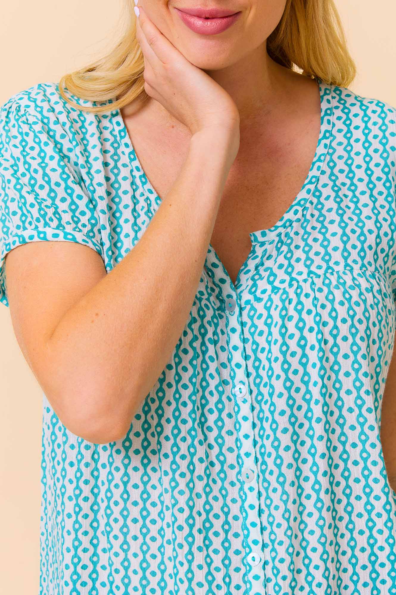 Lisbon Blouse with Santorini Border in Mint & White - Perfect for Summer Vacations, Beach Outings & Boho Chic Style