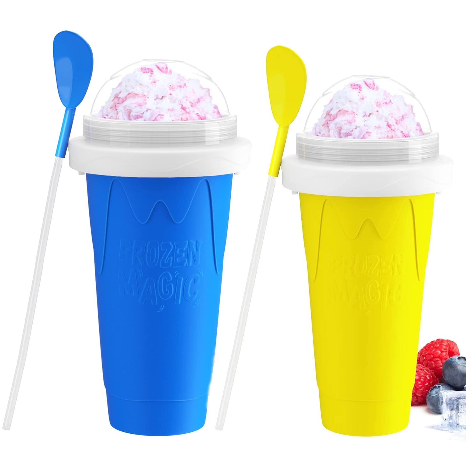2 Pack Slushy Maker Cups - TikTok Viral Frozen Magic Squeeze Cups for Milkshakes & Smoothies | Reusable Freeze Cooling Mugs (Blue + Yellow) | Perfect for Summer Drinks, Parties & Kids Treats