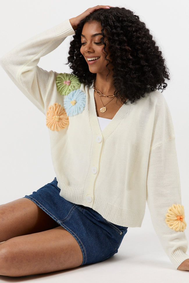 Made My Mark Ivory Multi Floral Embroidered Cardigan for Women | Elegant Lace Knit Sweater | Perfect for Spring Outfits & Casual Office Wear
