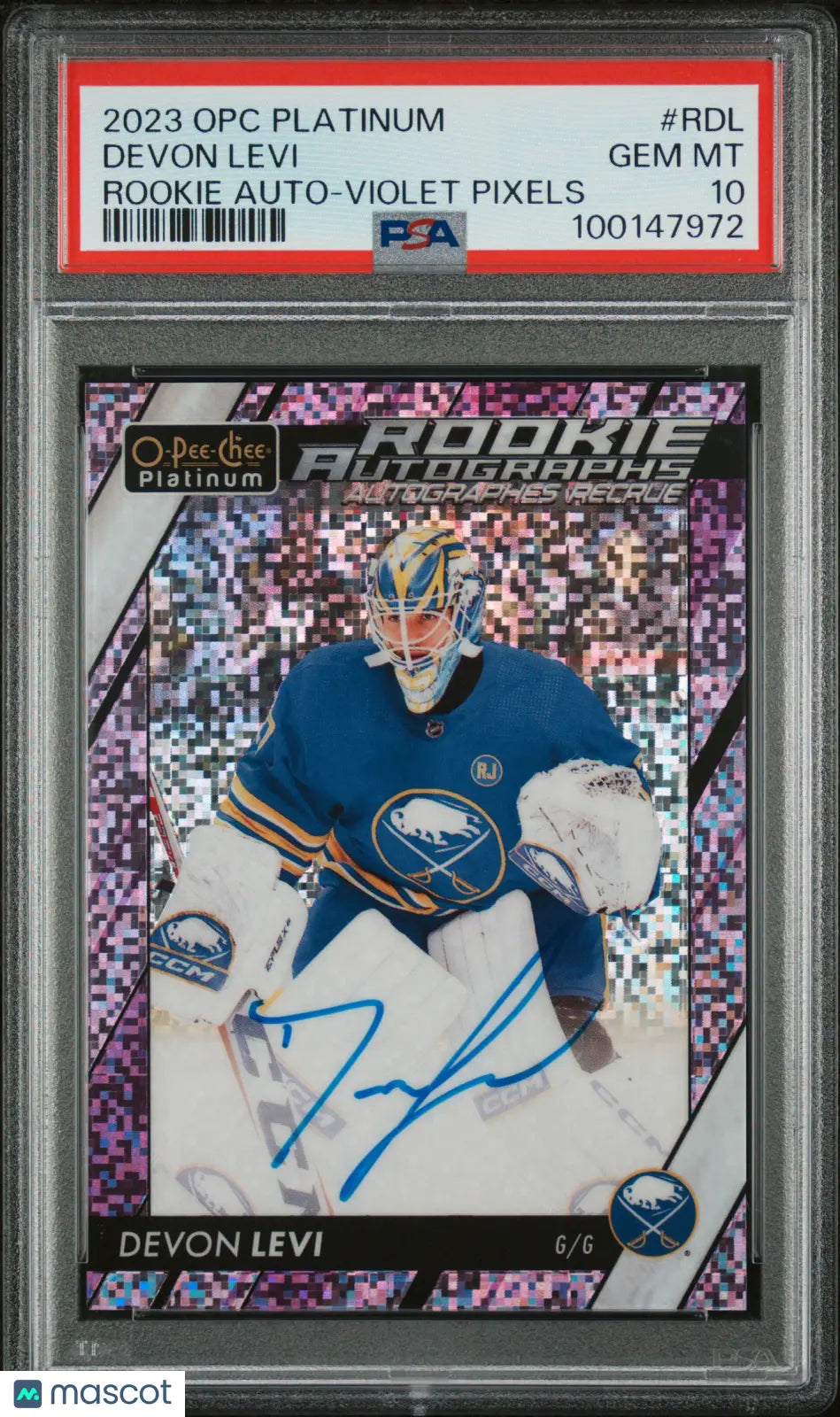 2023 O Pee Chee Platinum Rookie Autographs Devon Levi Violet Pixels PSA 10 /99 - Rare Hockey Trading Card for Collectors & Investors, Perfect for Display Cases & Memorabilia Collections