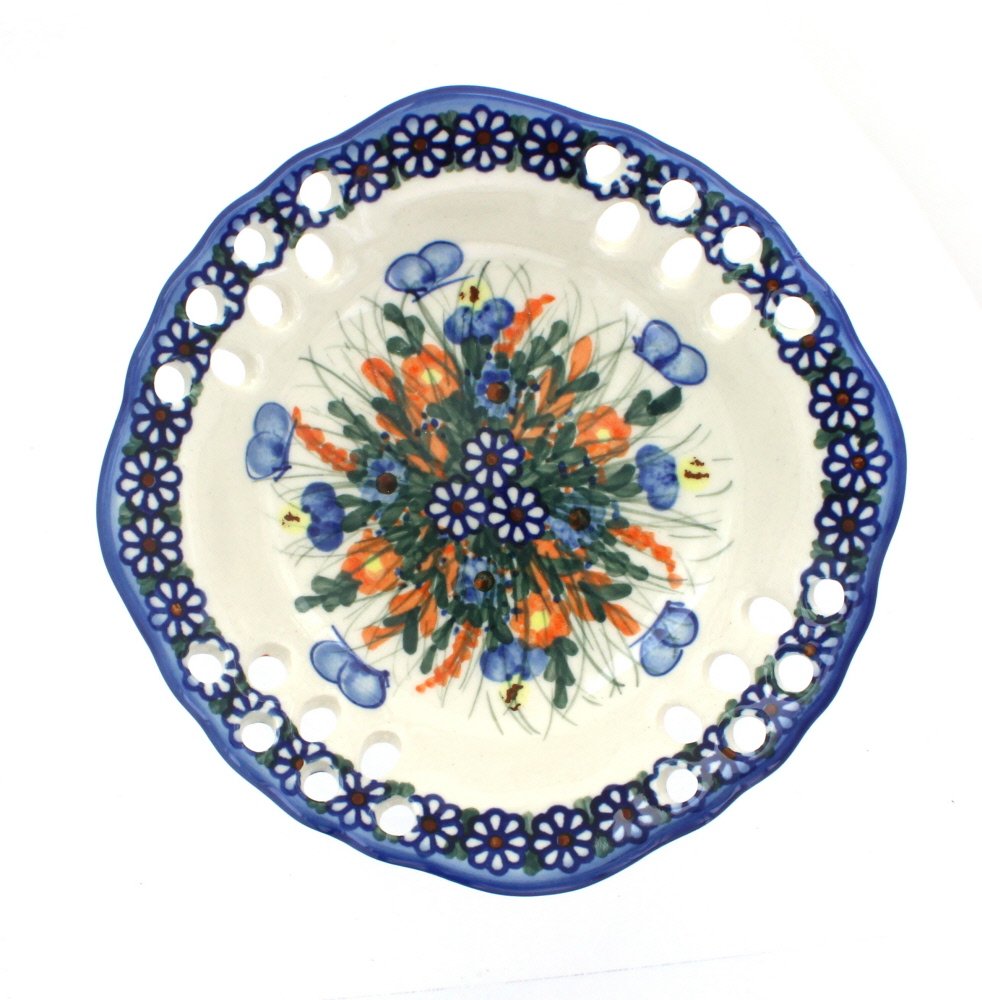 Handmade Blue Rose Polish Pottery Small Fruit Dish with Spring Butterfly Design - Perfect for Dessert Serving, Candy Display & Home Decor