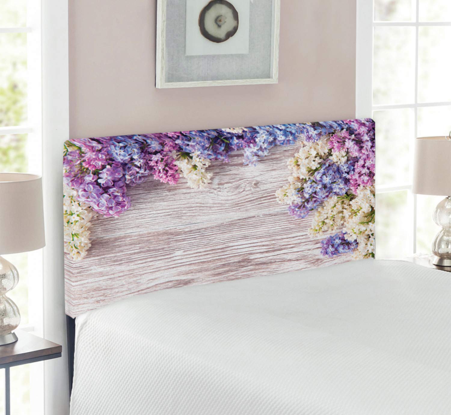 Ambesonne Rustic Upholstered Headboard - Lilac Floral Bouquet on Wood Table, Spring Nature Romance Love Theme, Decorative Metal Bed Frame with Memory Foam, Twin Size (Lilac/Violet/Dark Taupe) - Perfect for Master Bedroom, Guest Room & Cozy Cottage Decor