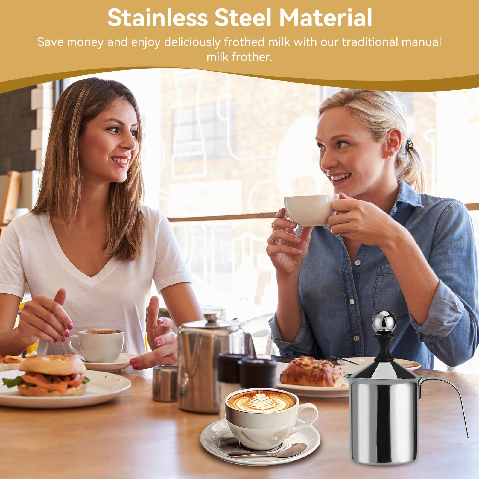 Stainless Steel Milk Frother Pitcher 27oz/800ml - Manual Coffee Milk Foamer for Latte, Cappuccino & Hot Chocolate - Barista Quality Milk Creamer with Ergonomic Handle - Perfect for Home Coffee Making & Cafe Use