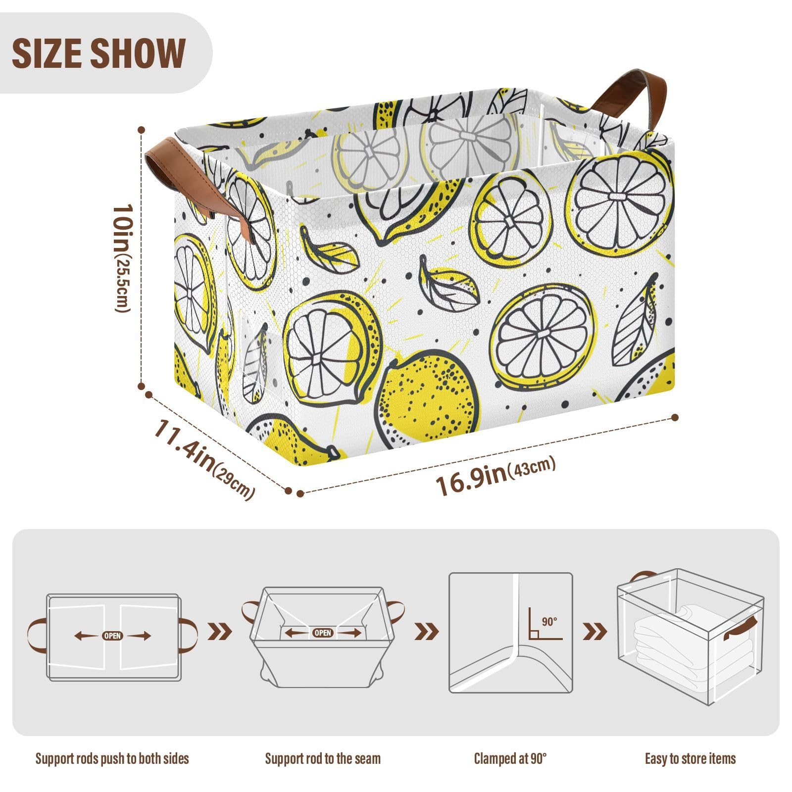 Foldable Storage Bins with Handles - 2 Pack Yellow Lemon Storage Cubes (16.9