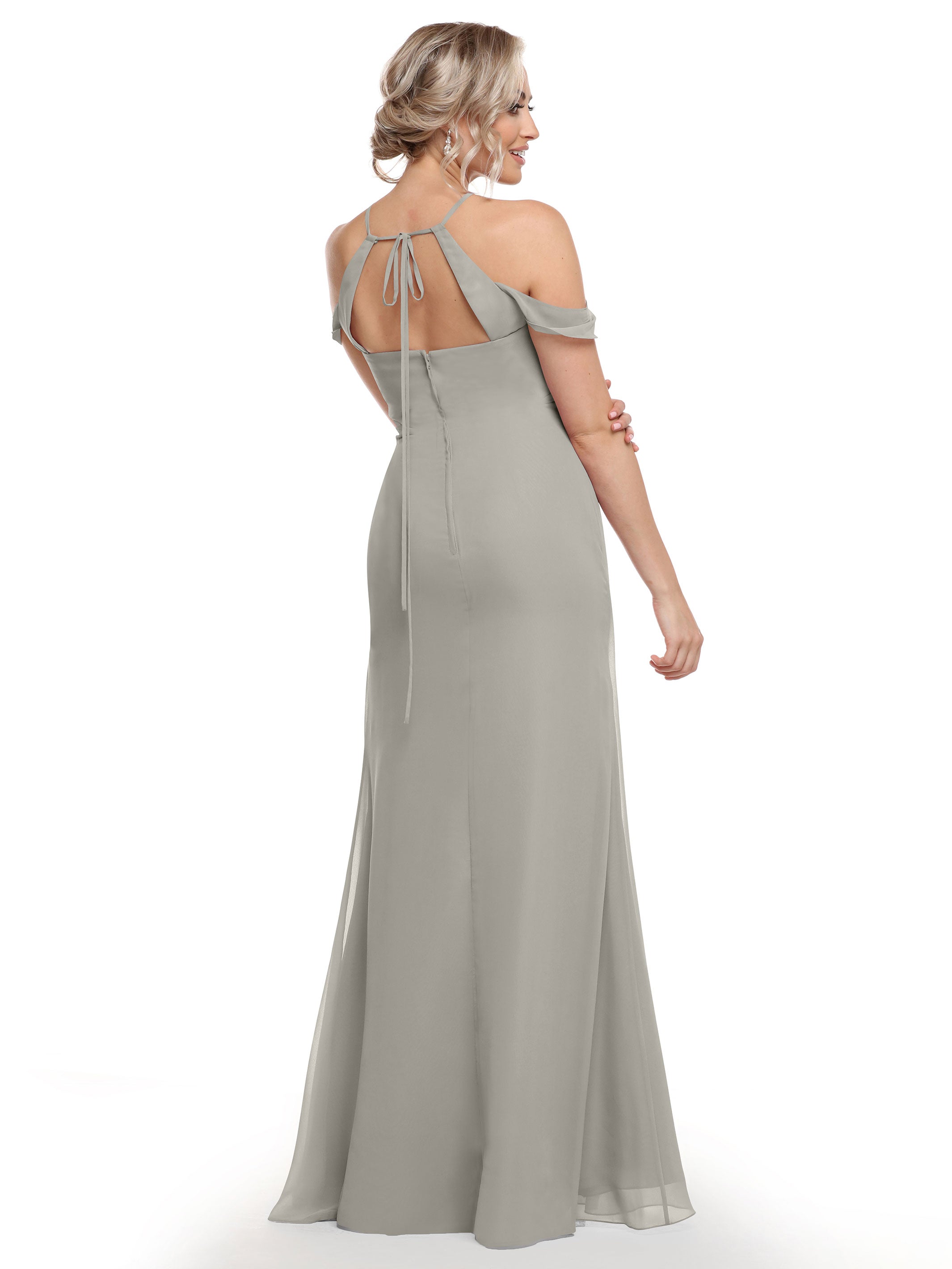 Elegant Off-The-Shoulder Chiffon Bridesmaid Dress with Halter Neckline - Perfect for Weddings, Formal Events & Special Occasions