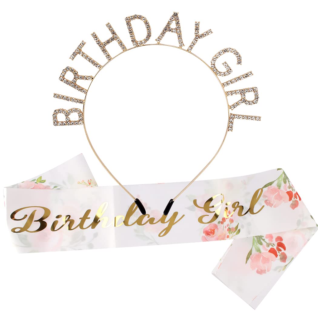 Gold Rhinestone Birthday Crown for Women - Floral Sash Tiara Headband with Sparkling Crystals | Princess Party Accessories for Birthday Girls, Bridal Showers & Special Celebrations