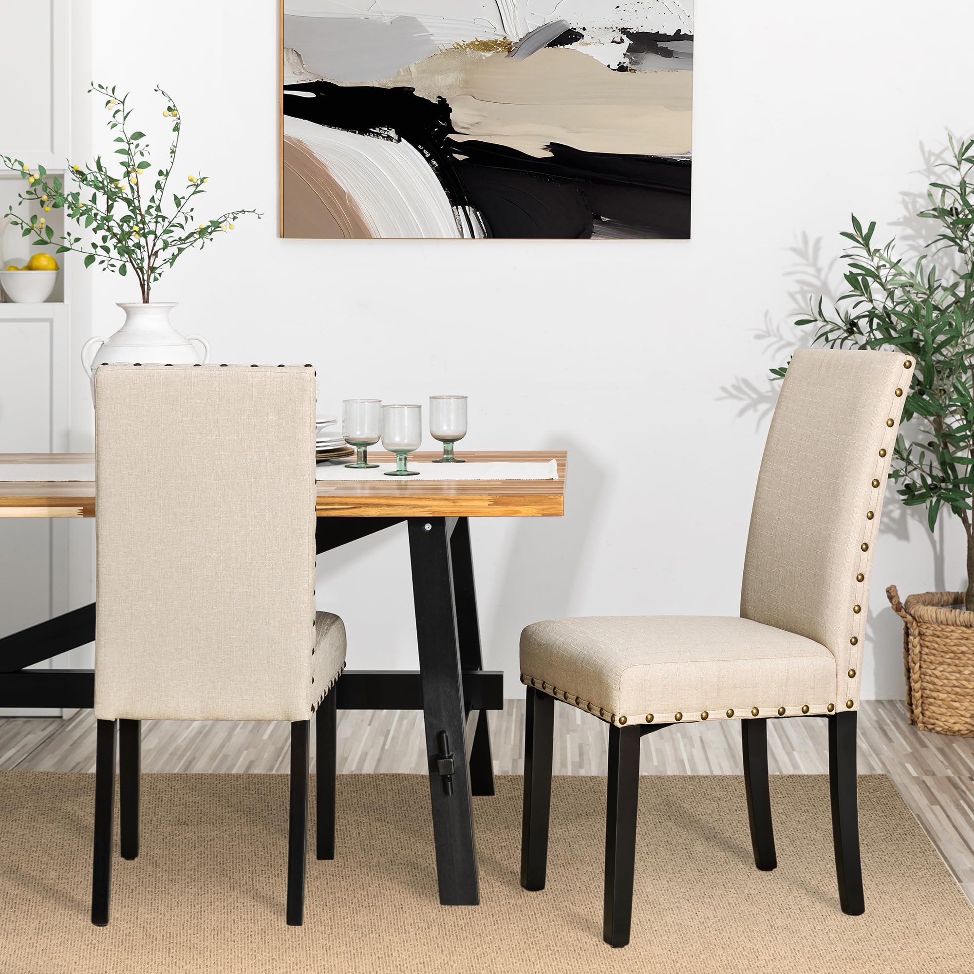 Glitzhome Set of 2 Upholstered Fabric Dining Chairs with Rubber Wood Legs, Beige - Modern Kitchen & Dining Room Furniture for Home Decor