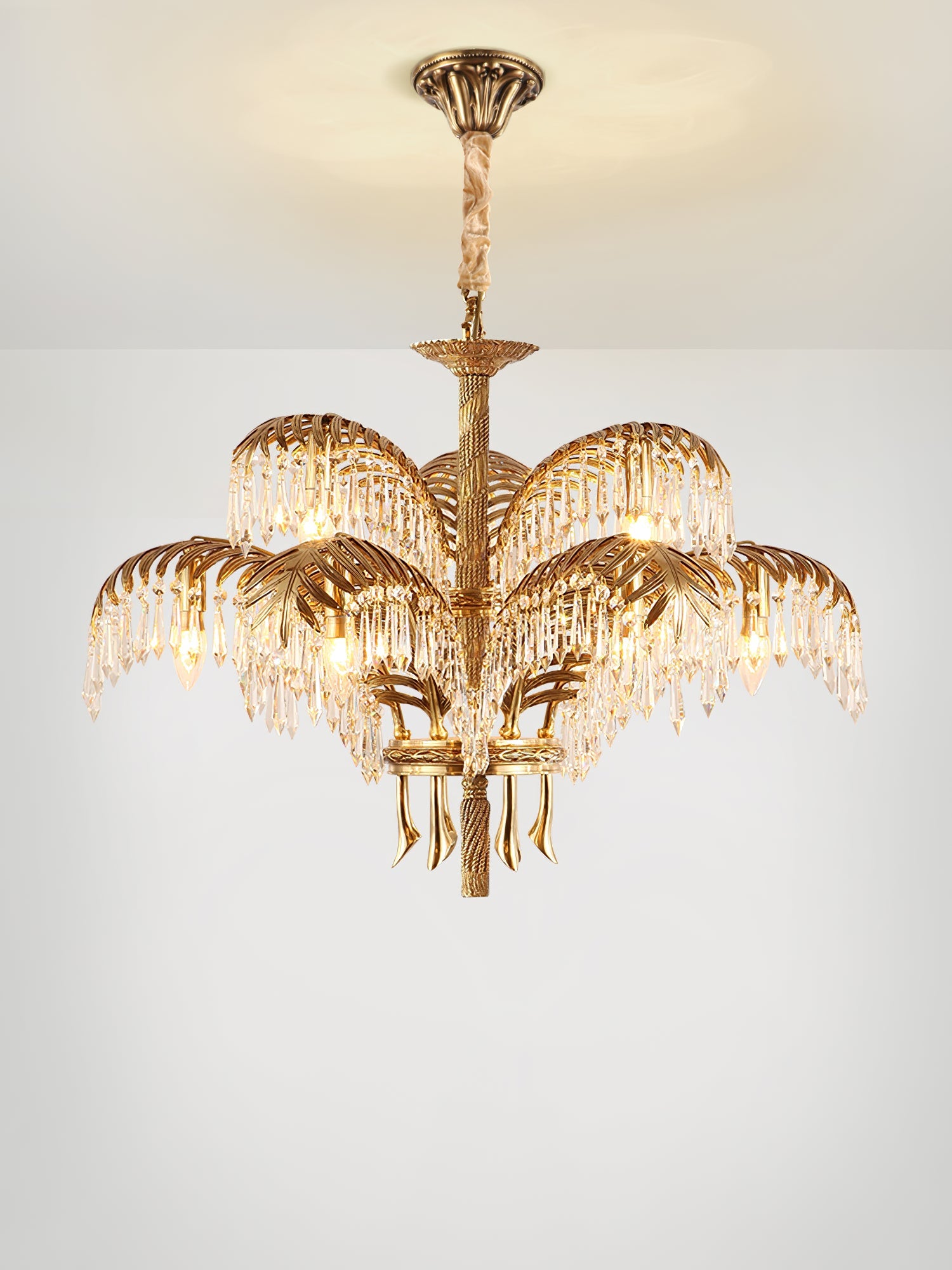 Elegant Brass Palm Leaf Crystal Chandelier - Modern Ceiling Light Fixture for Dining Room, Living Room & Bedroom Decor